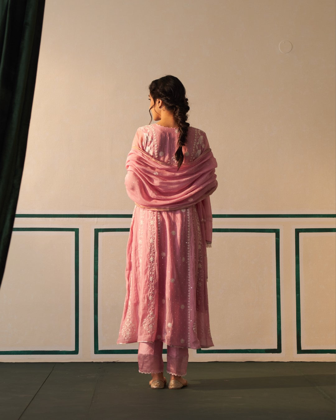 Pink Chanderi Honeycomb Anarkali with heavy front and back work