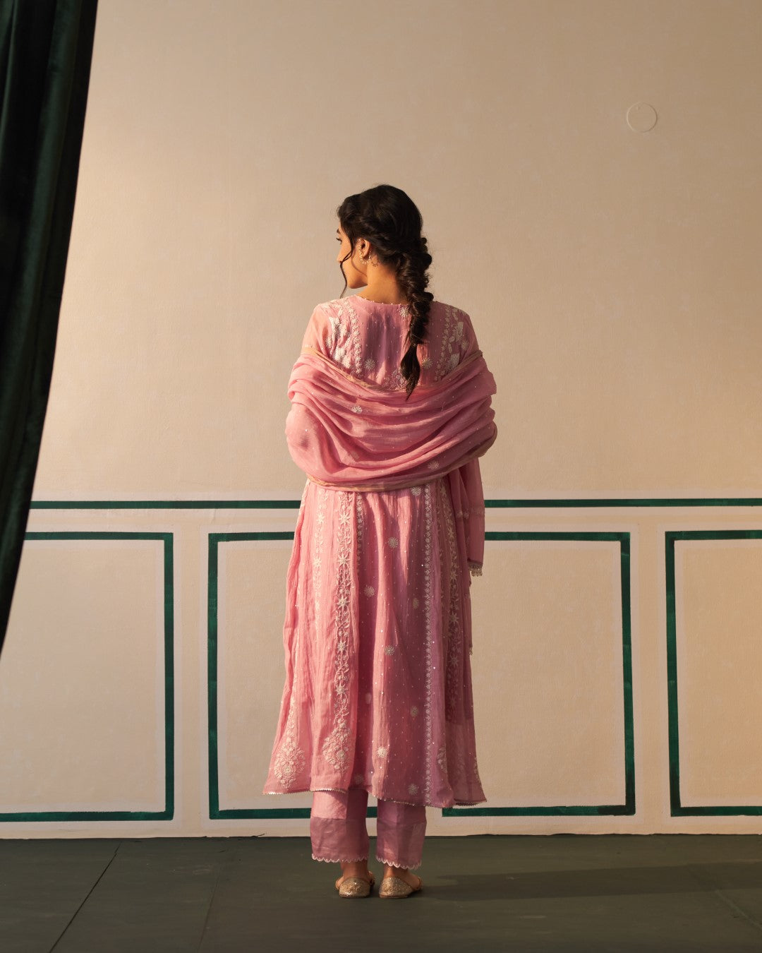 Pink Chanderi Honeycomb Anarkali with heavy front and back work