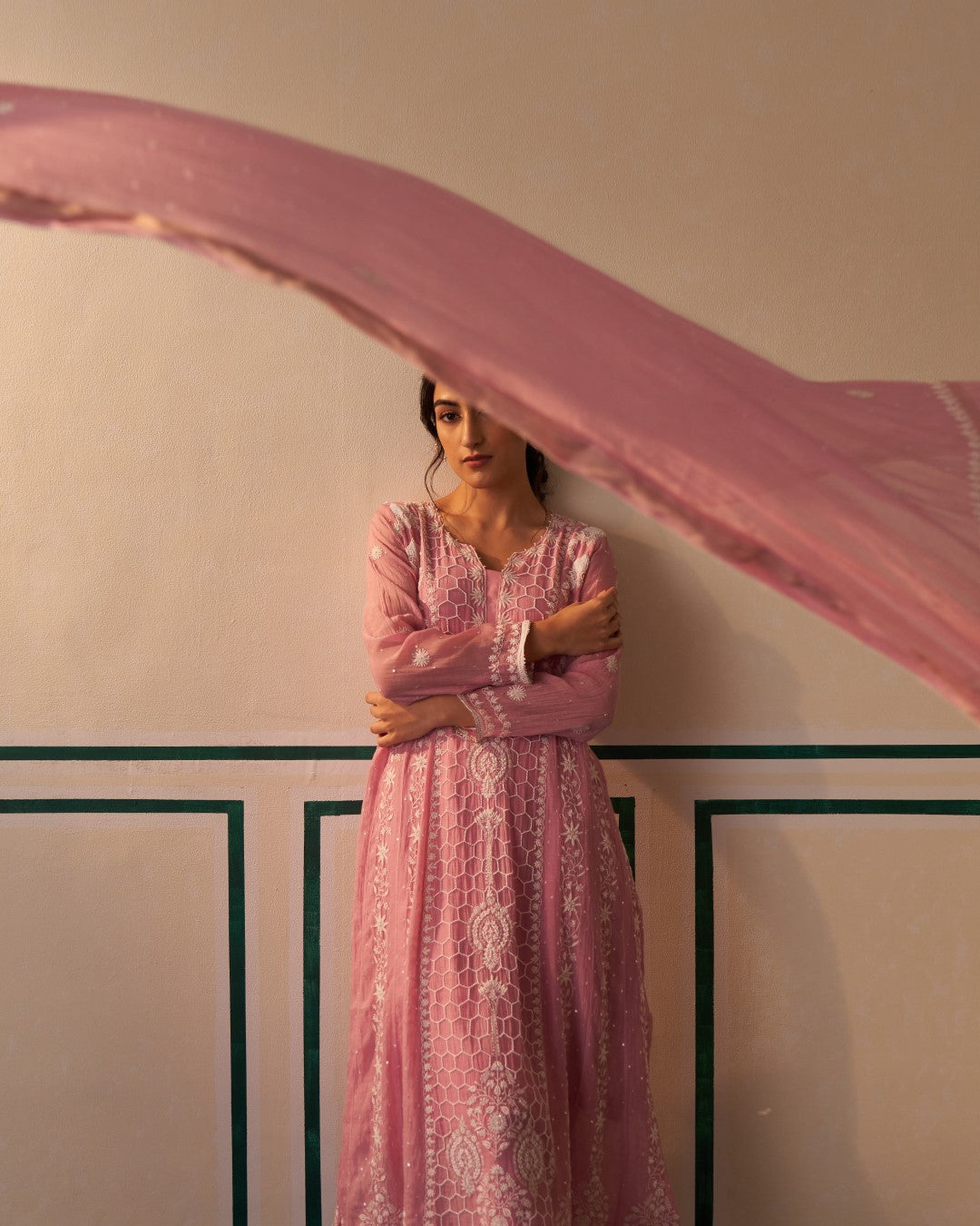 Pink Chanderi Honeycomb Anarkali with heavy front and back work