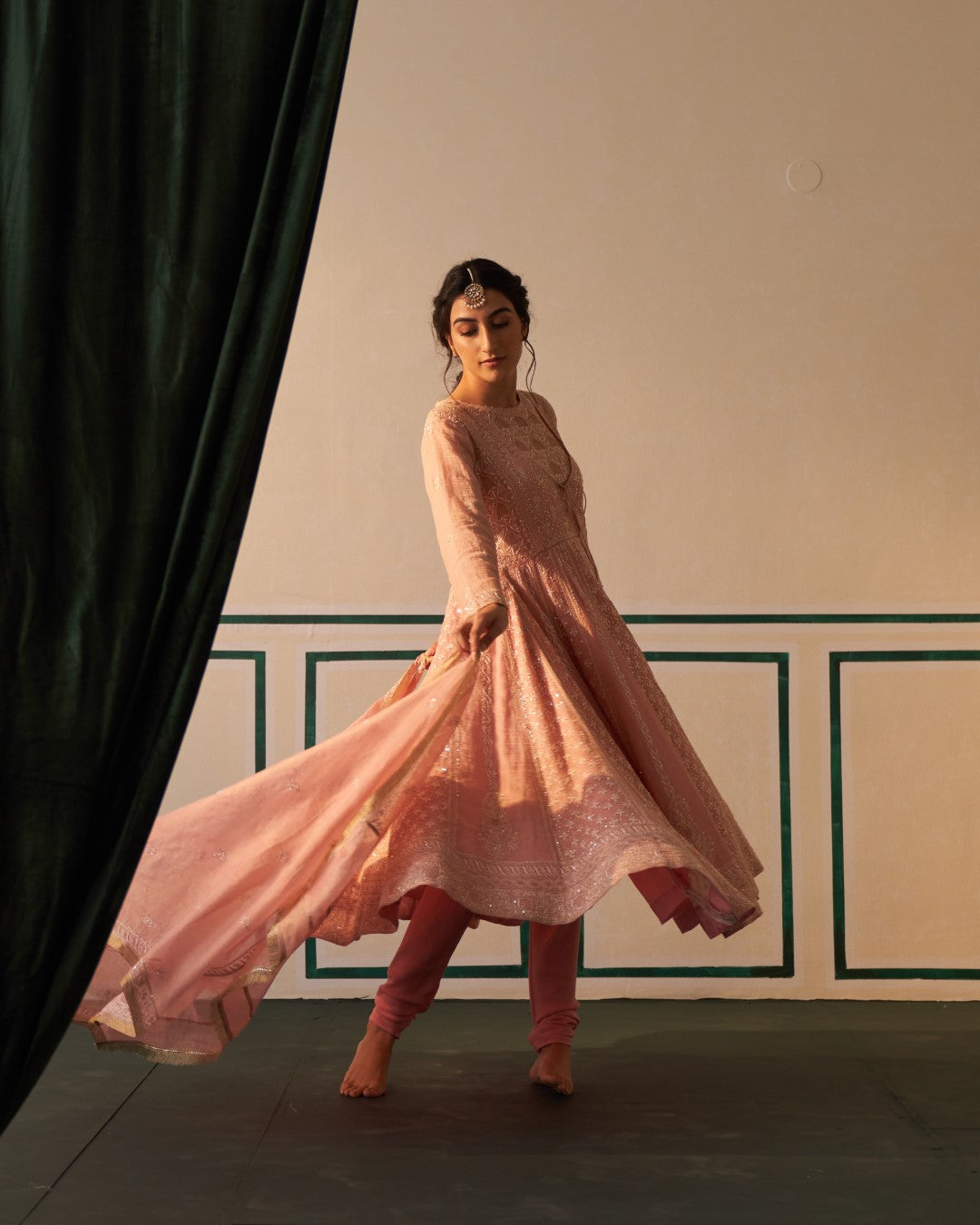 Pink Tissue Anarkali with heavy front and back work