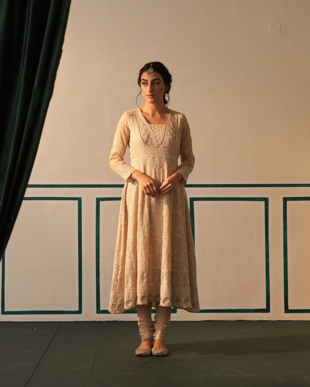Gold Tissue Anarkali with heavy front and back work