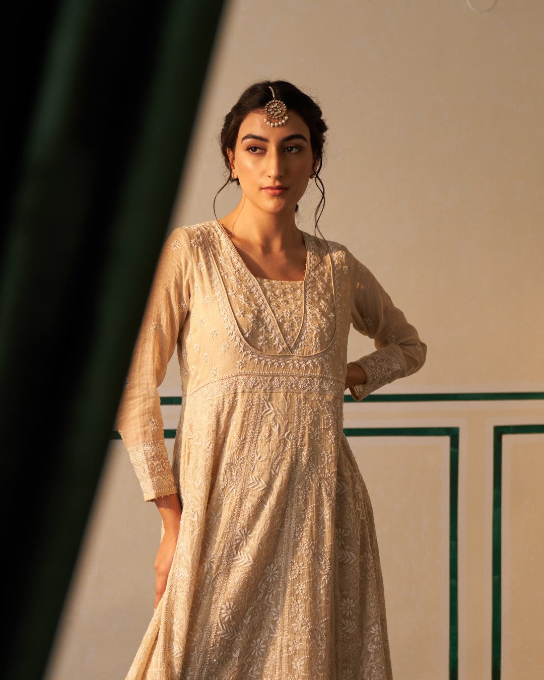 Gold Tissue Anarkali with heavy front and back work