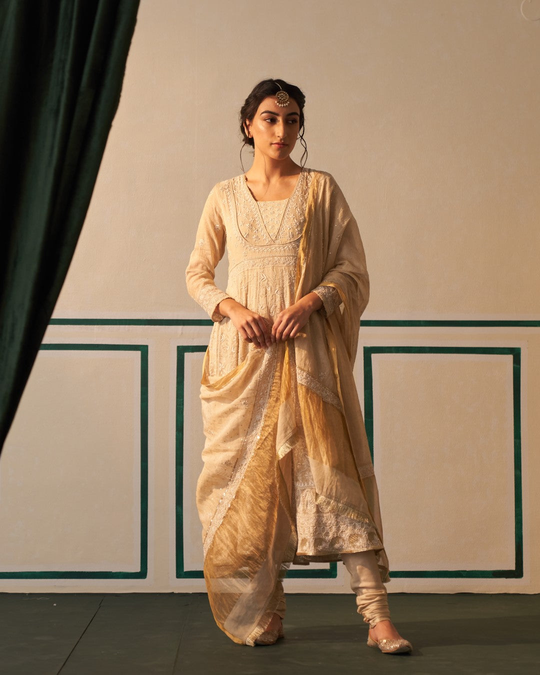Gold Tissue Anarkali with heavy front and back work