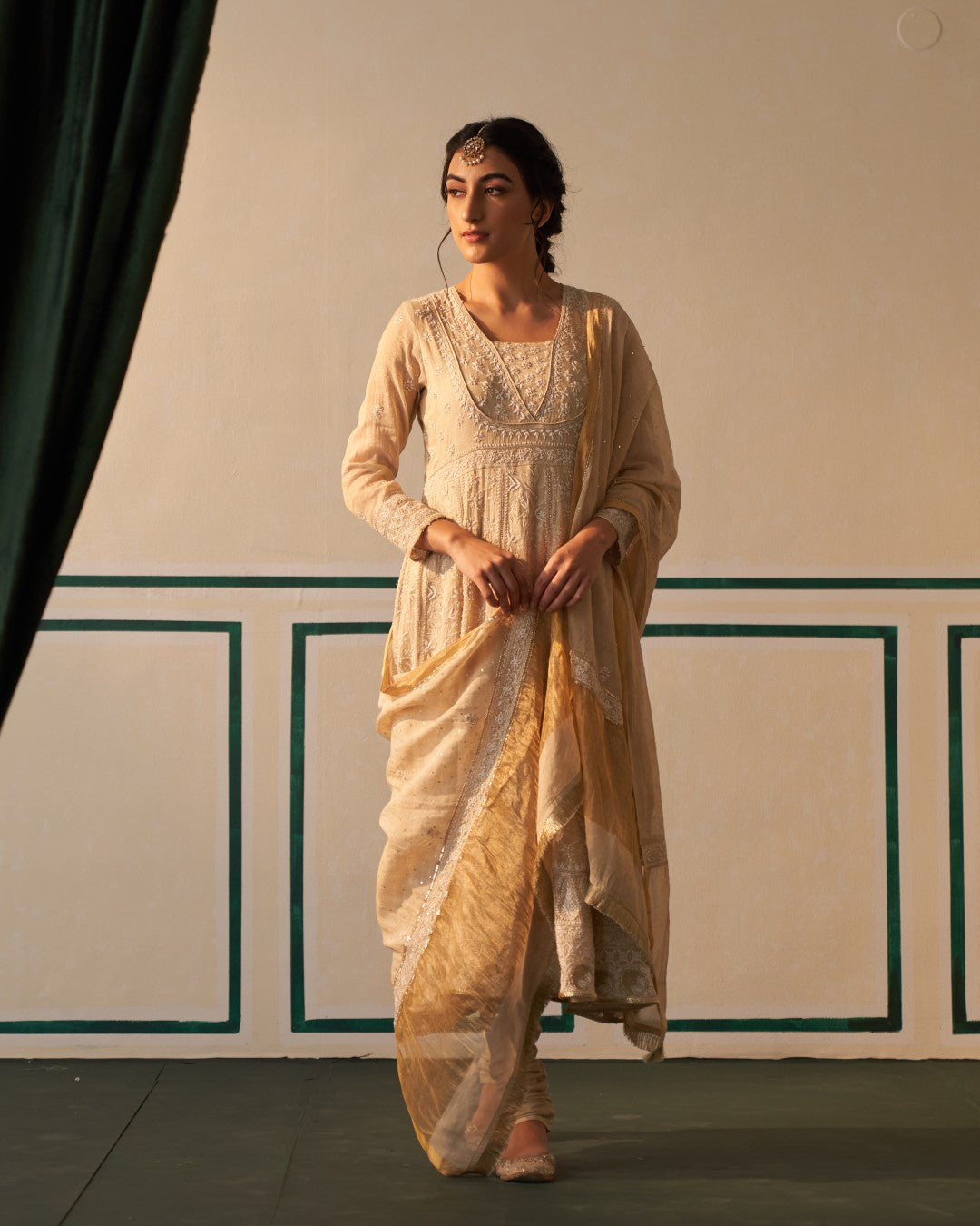 Gold Tissue Anarkali with heavy front and back work