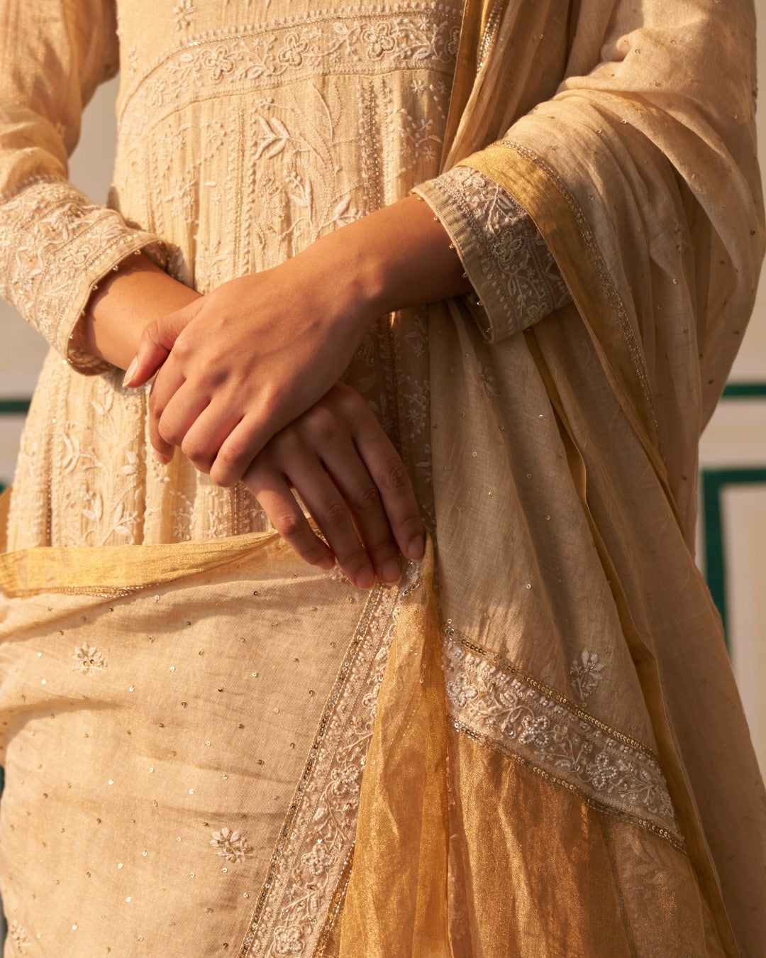 Gold Tissue Anarkali with heavy front and back work
