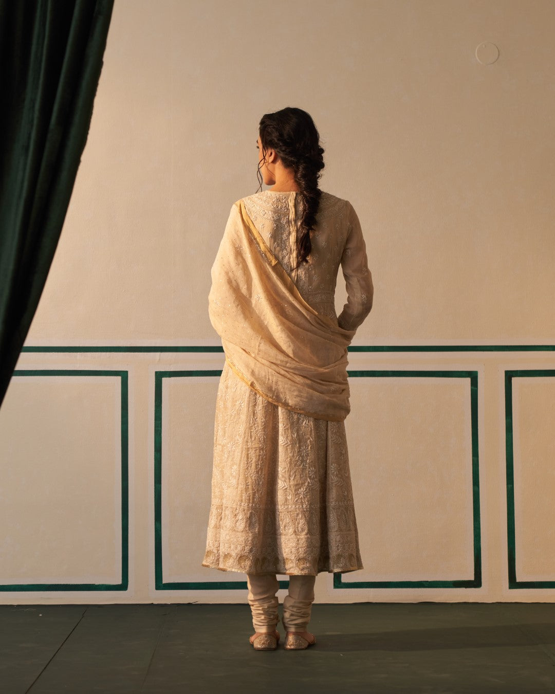 Gold Tissue Anarkali with heavy front and back work