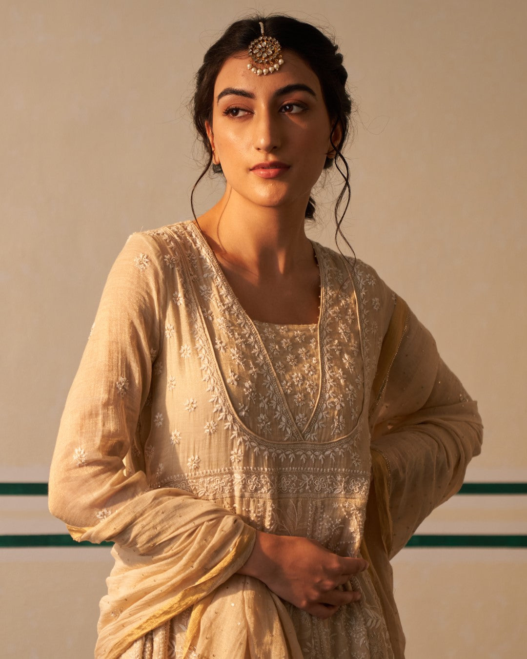 Gold Tissue Anarkali with heavy front and back work