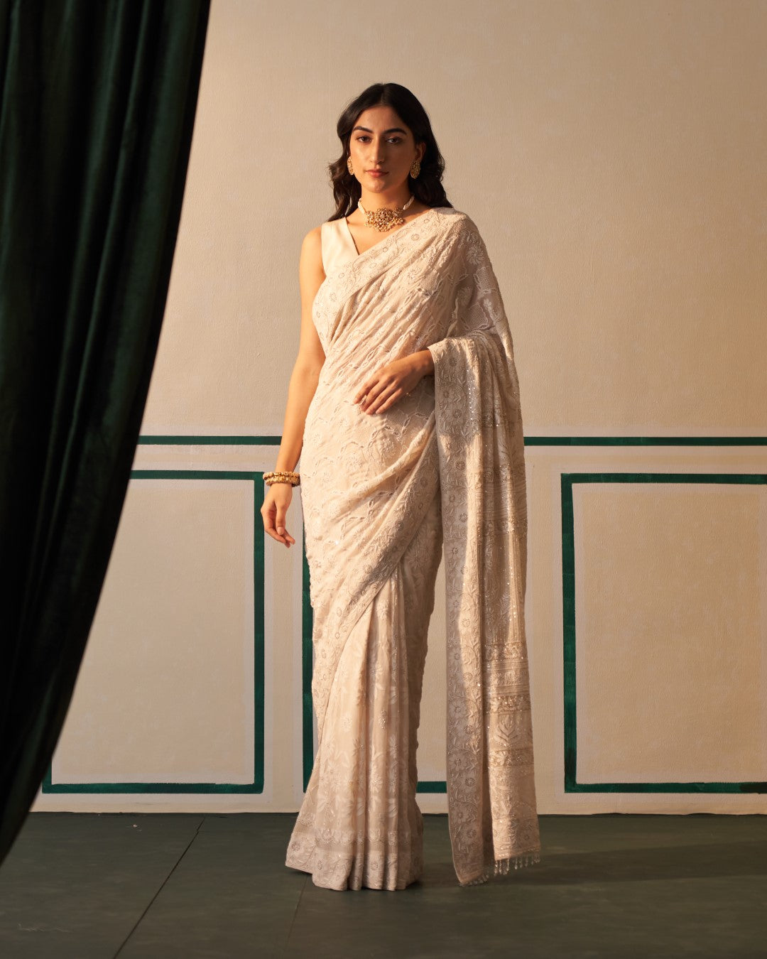 Ivory Georgette Saree with jaali-phal awadhi motifs