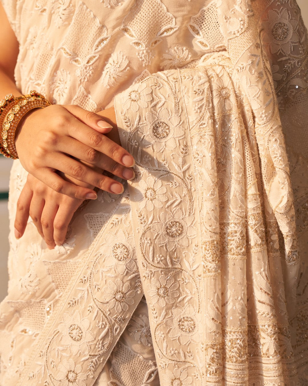 Ivory Georgette Saree with jaali-phal awadhi motifs