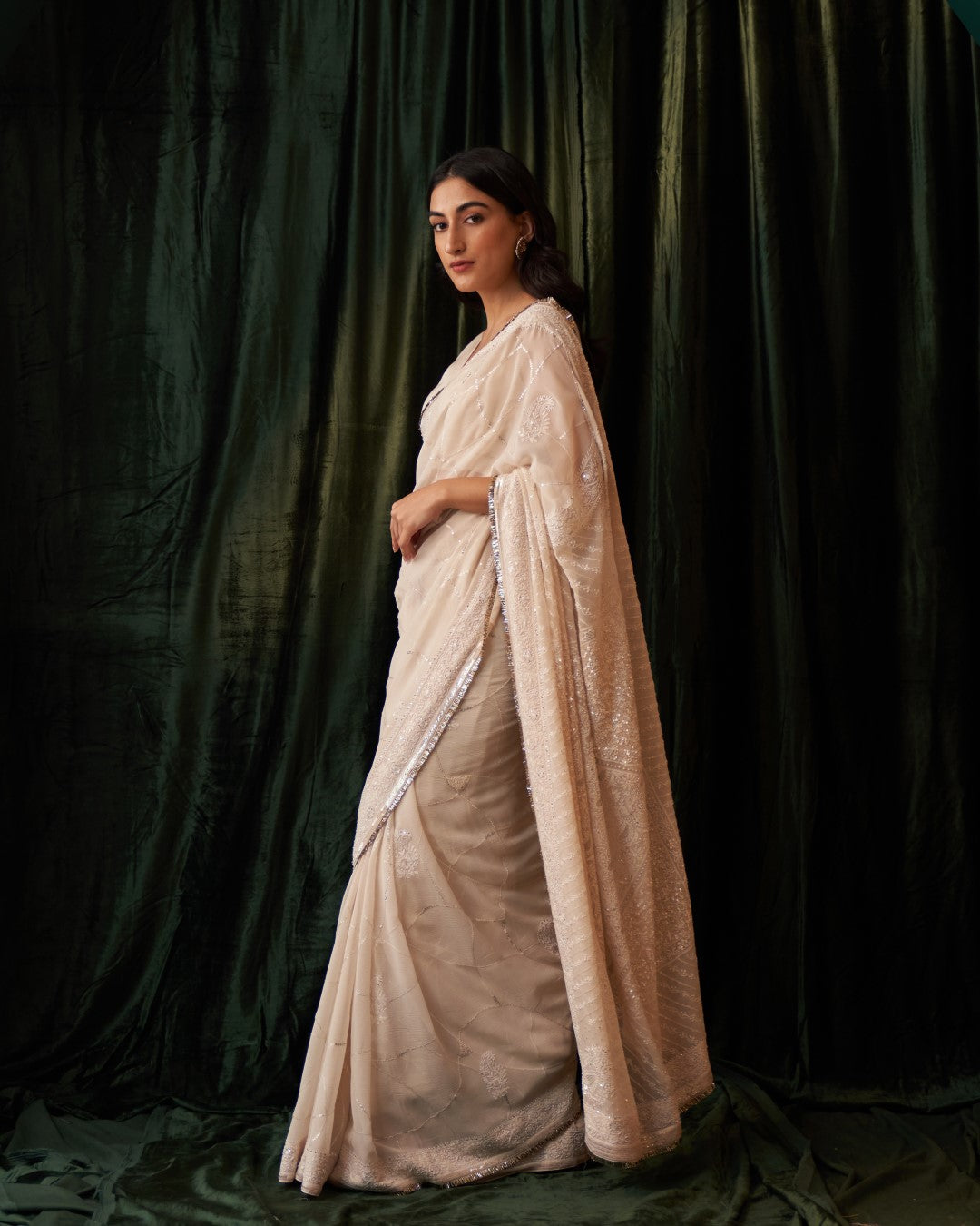 Ivory Chiffon Heavy Palla Saree