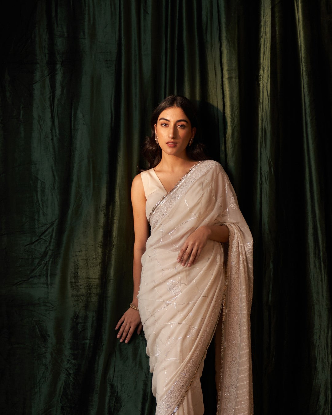 Ivory Chiffon Heavy Palla Saree