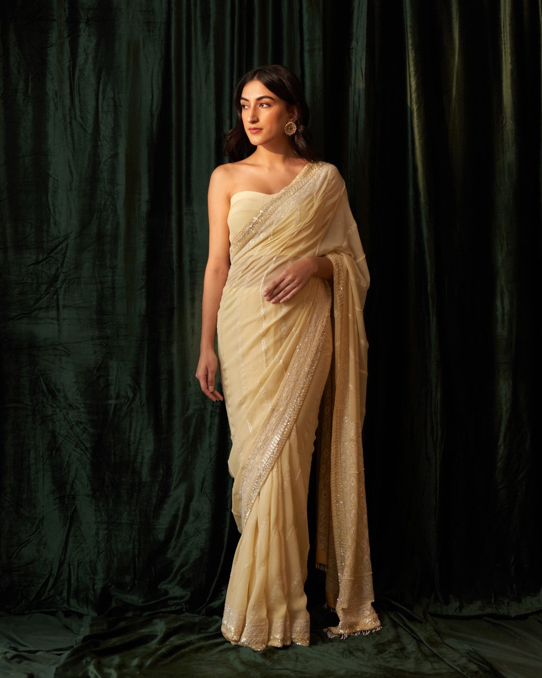 Lemon Yellow Pure Georgette Diagonal Work Saree