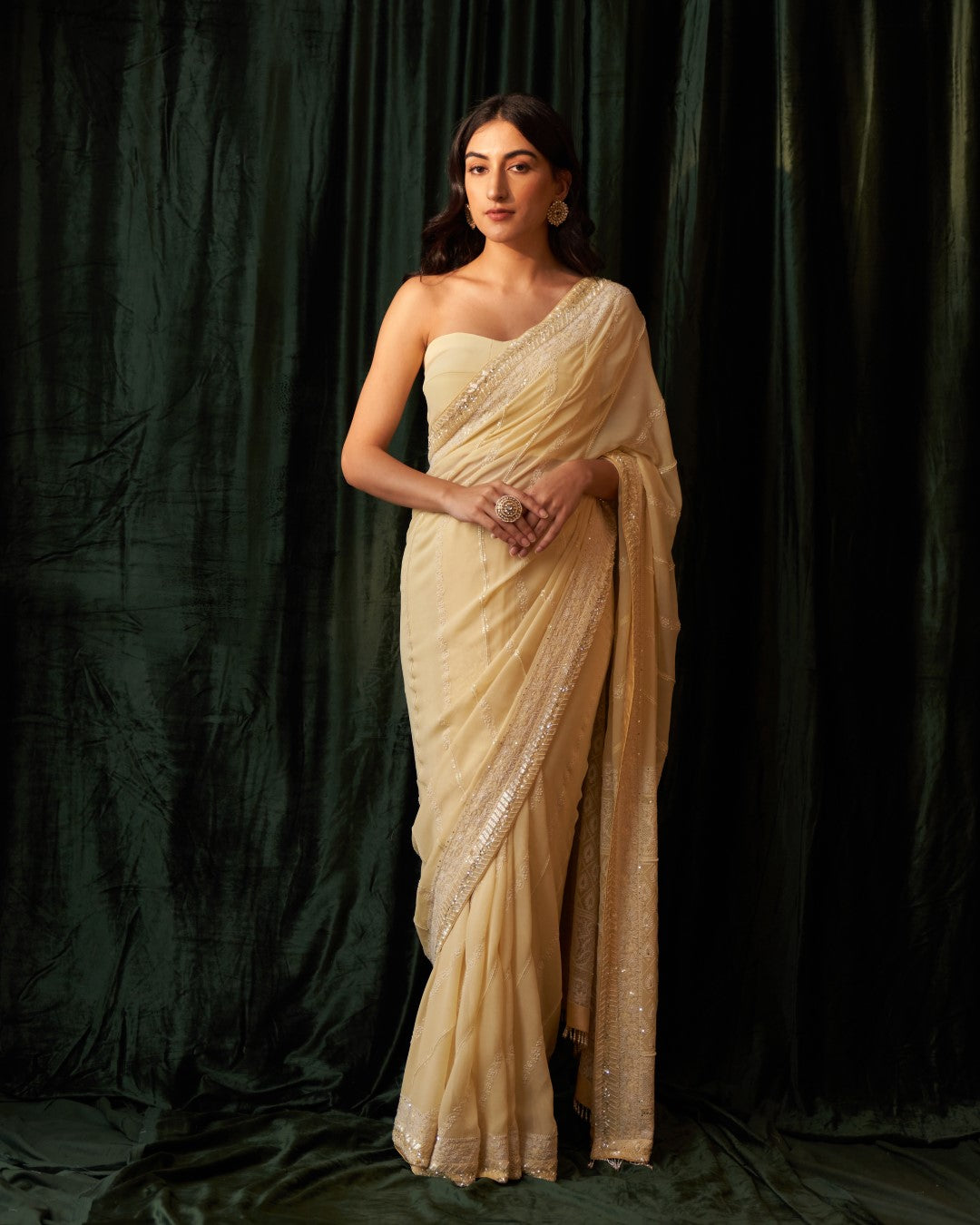 Lemon Yellow Pure Georgette Diagonal Work Saree