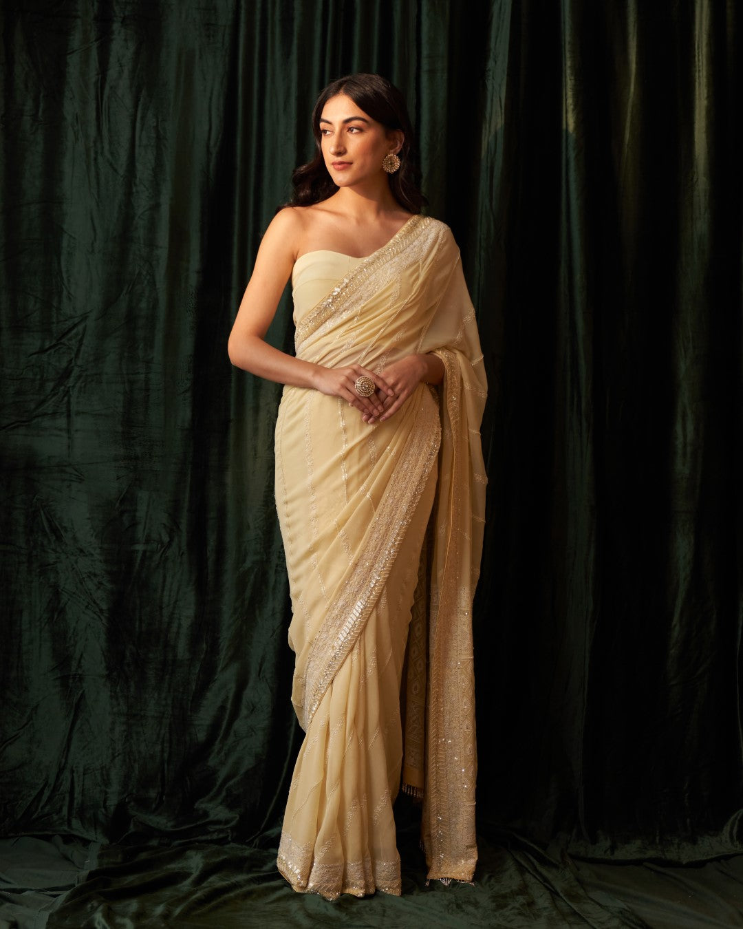 Lemon Yellow Pure Georgette Diagonal Work Saree