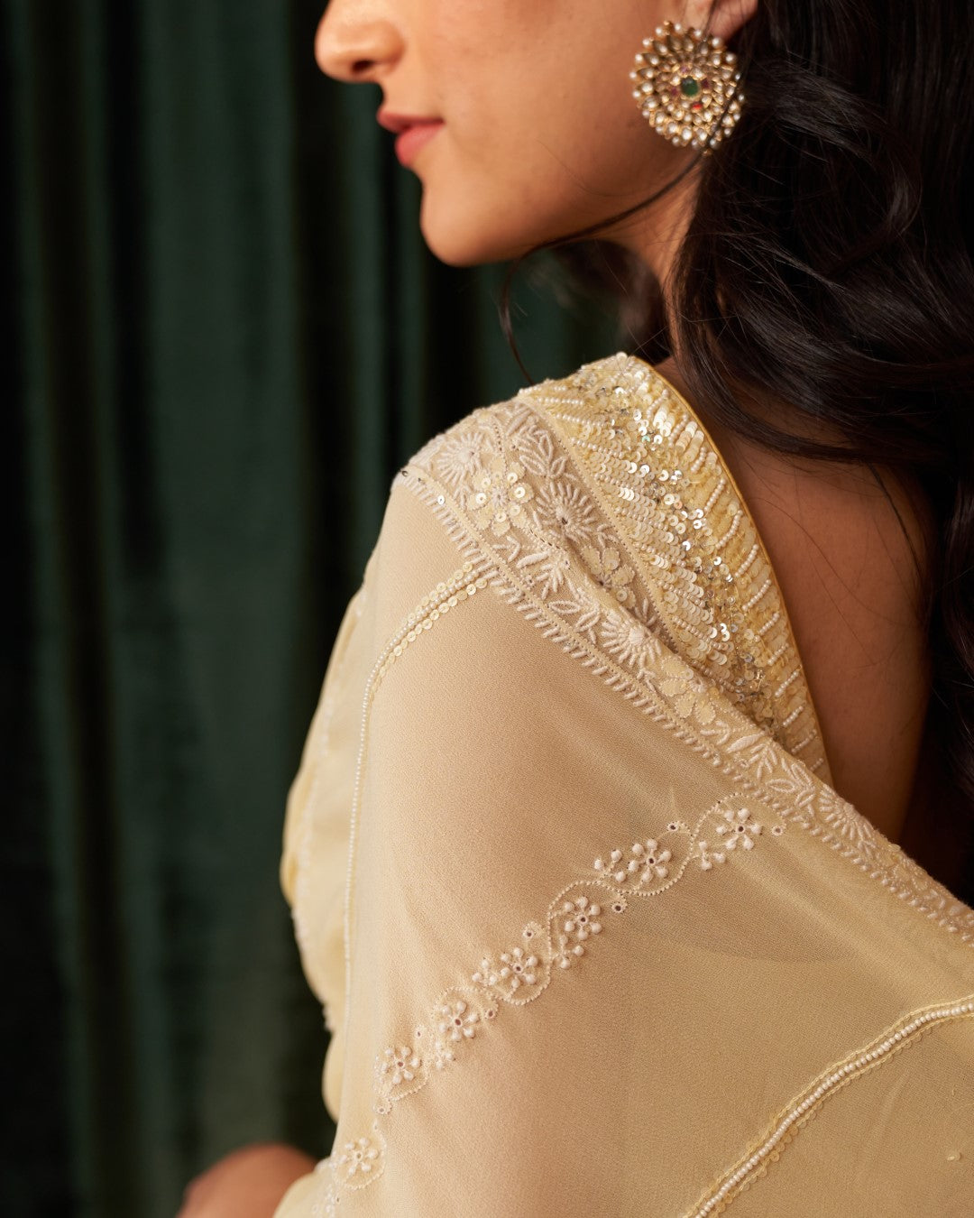 Lemon Yellow Pure Georgette Diagonal Work Saree