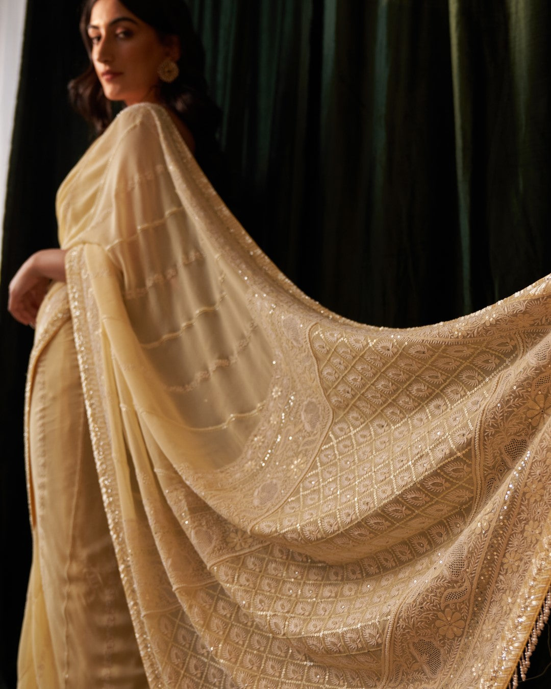 Lemon Yellow Pure Georgette Diagonal Work Saree
