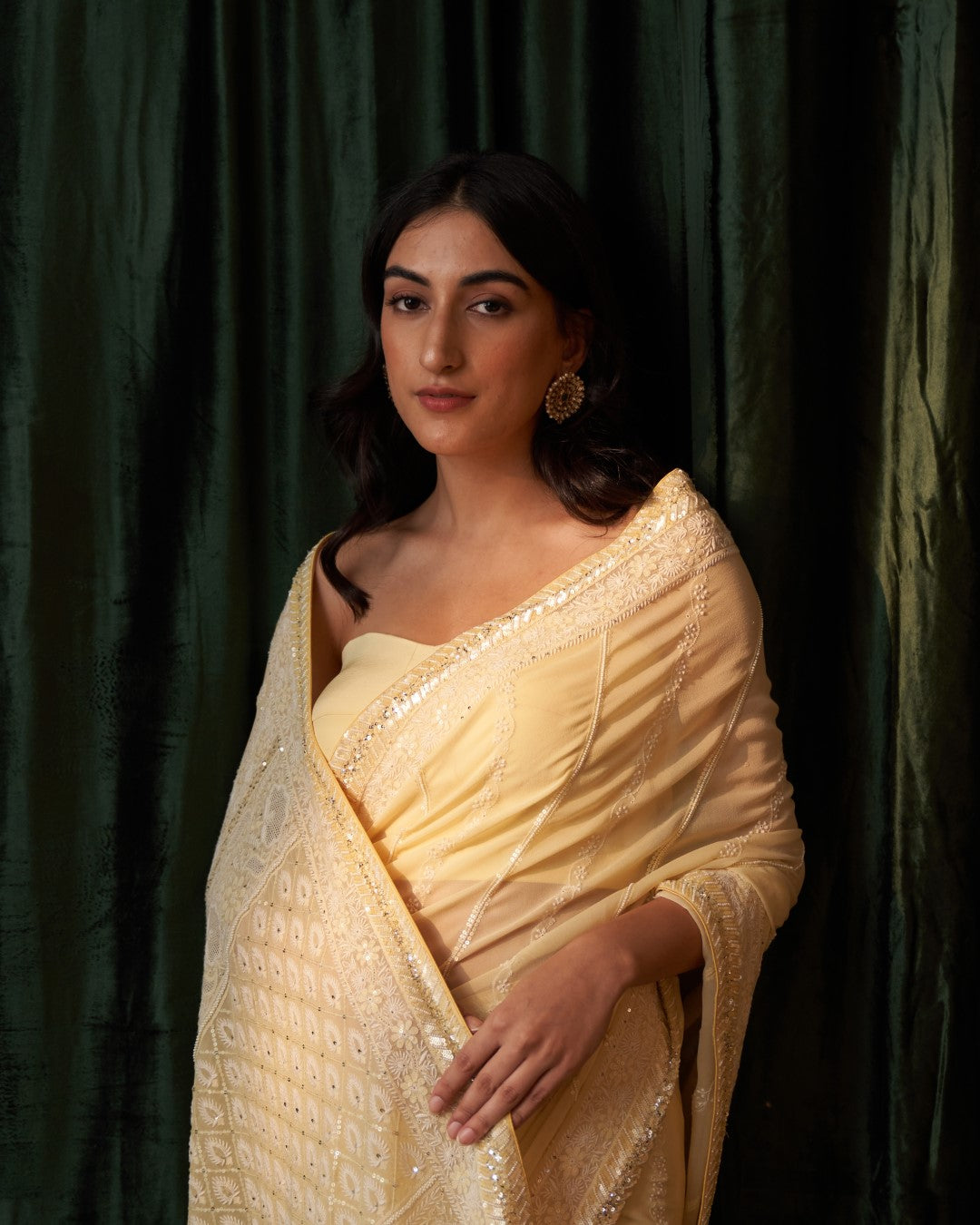 Lemon Yellow Pure Georgette Diagonal Work Saree