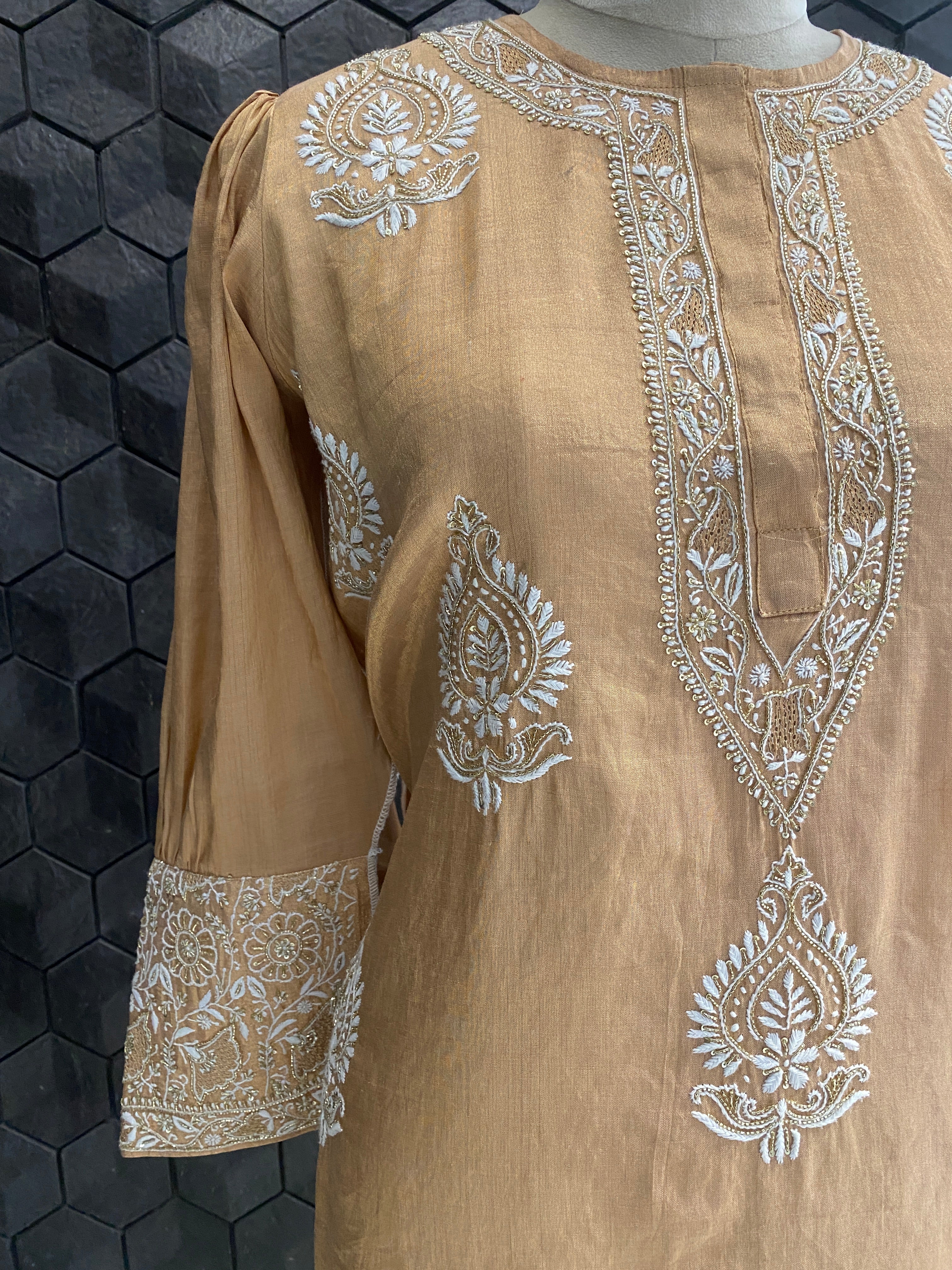 Peach tissue chikankari kurta set