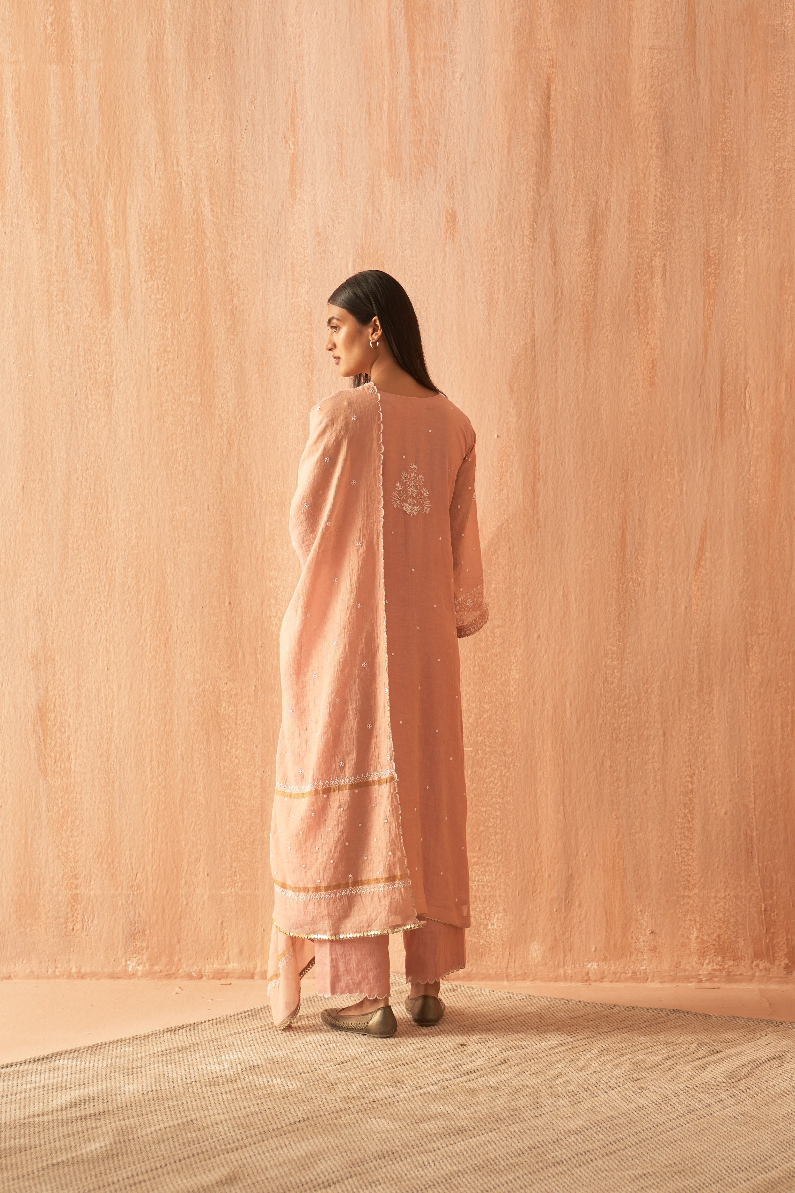 Pink Tissue Pearl Chikankari Embroidered Kurta Set