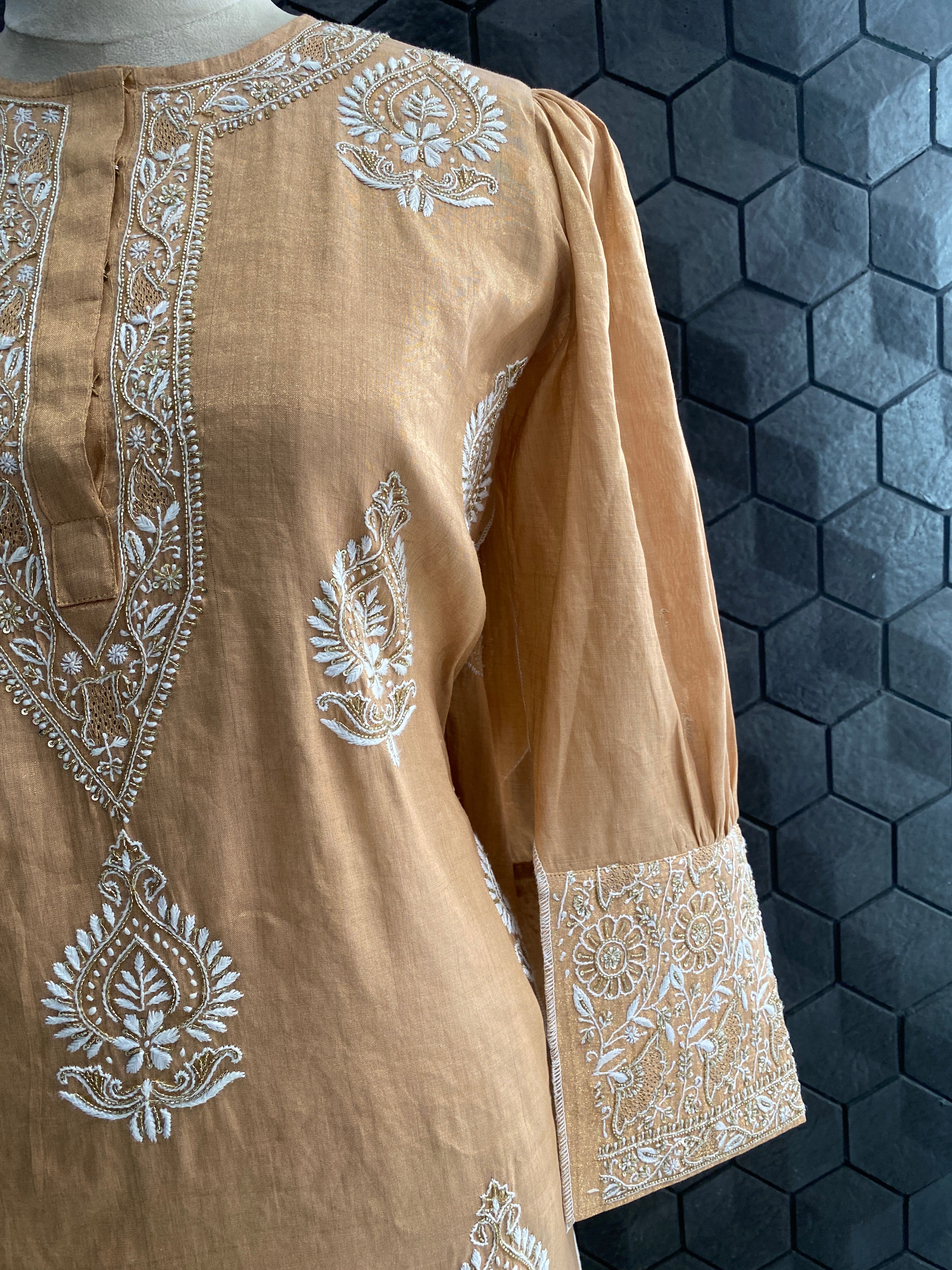 Peach tissue chikankari kurta set
