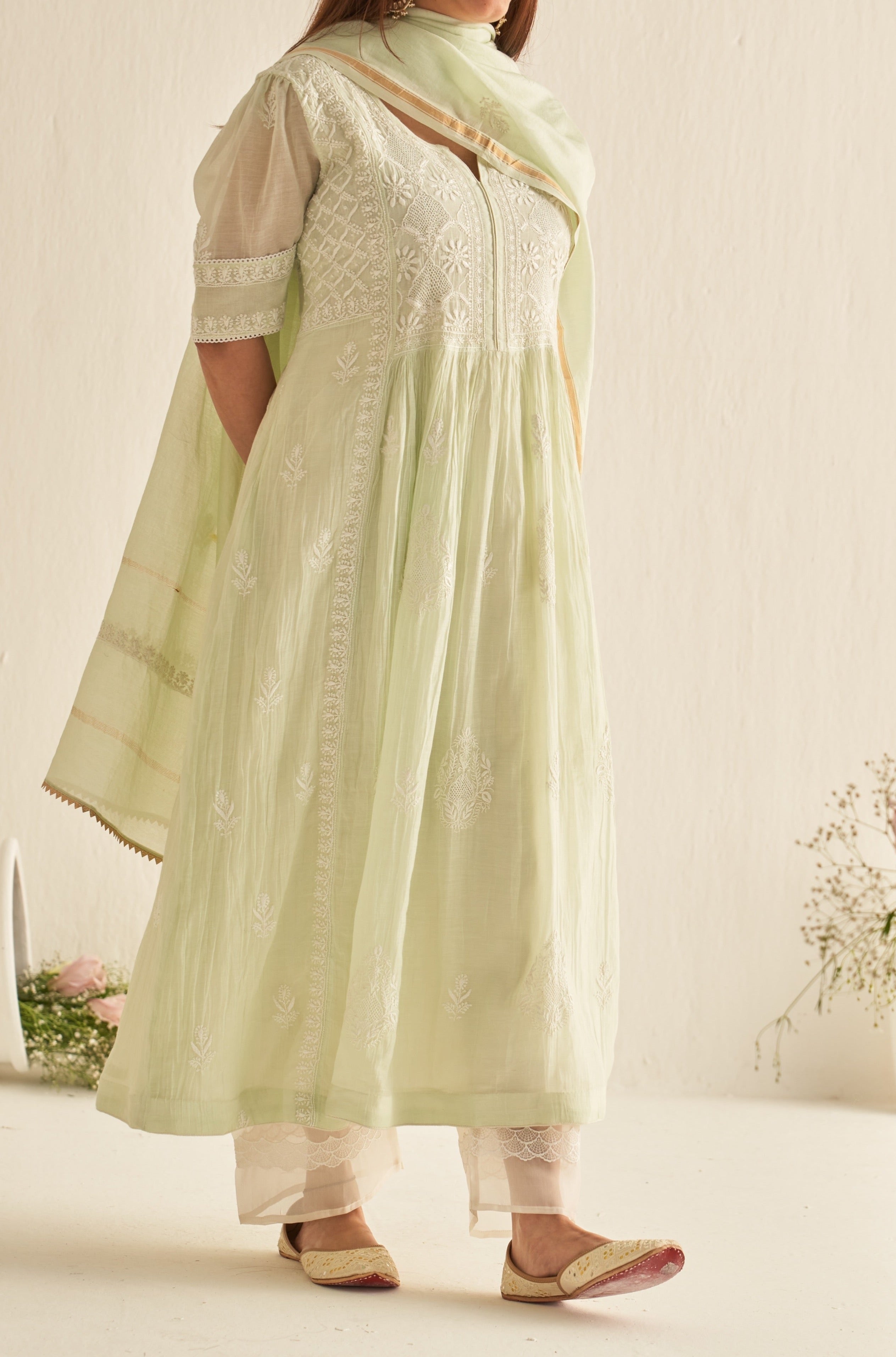 Light green Mulmul chikankari kurta set