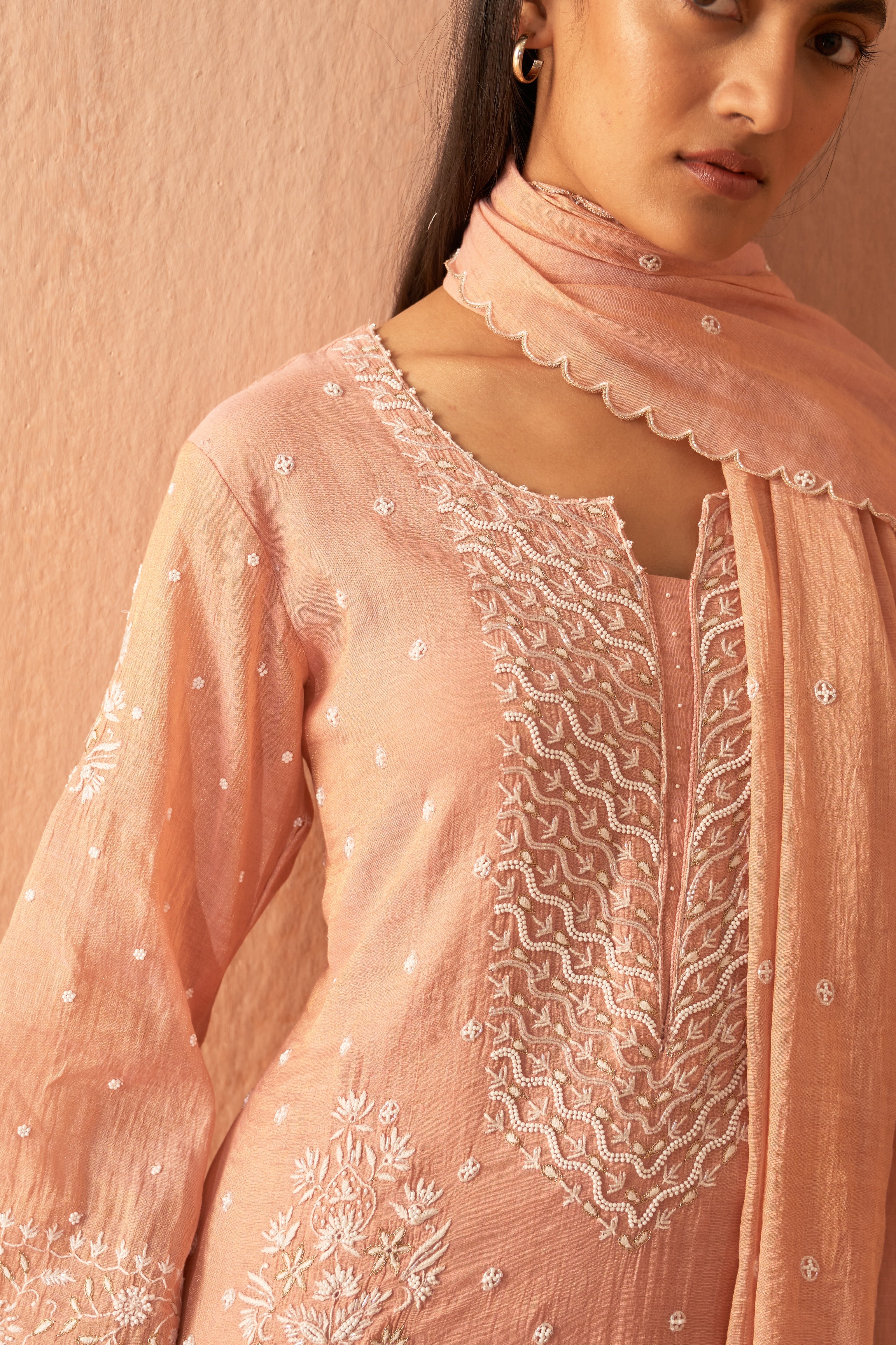 Pink Tissue Pearl Chikankari Embroidered Kurta Set