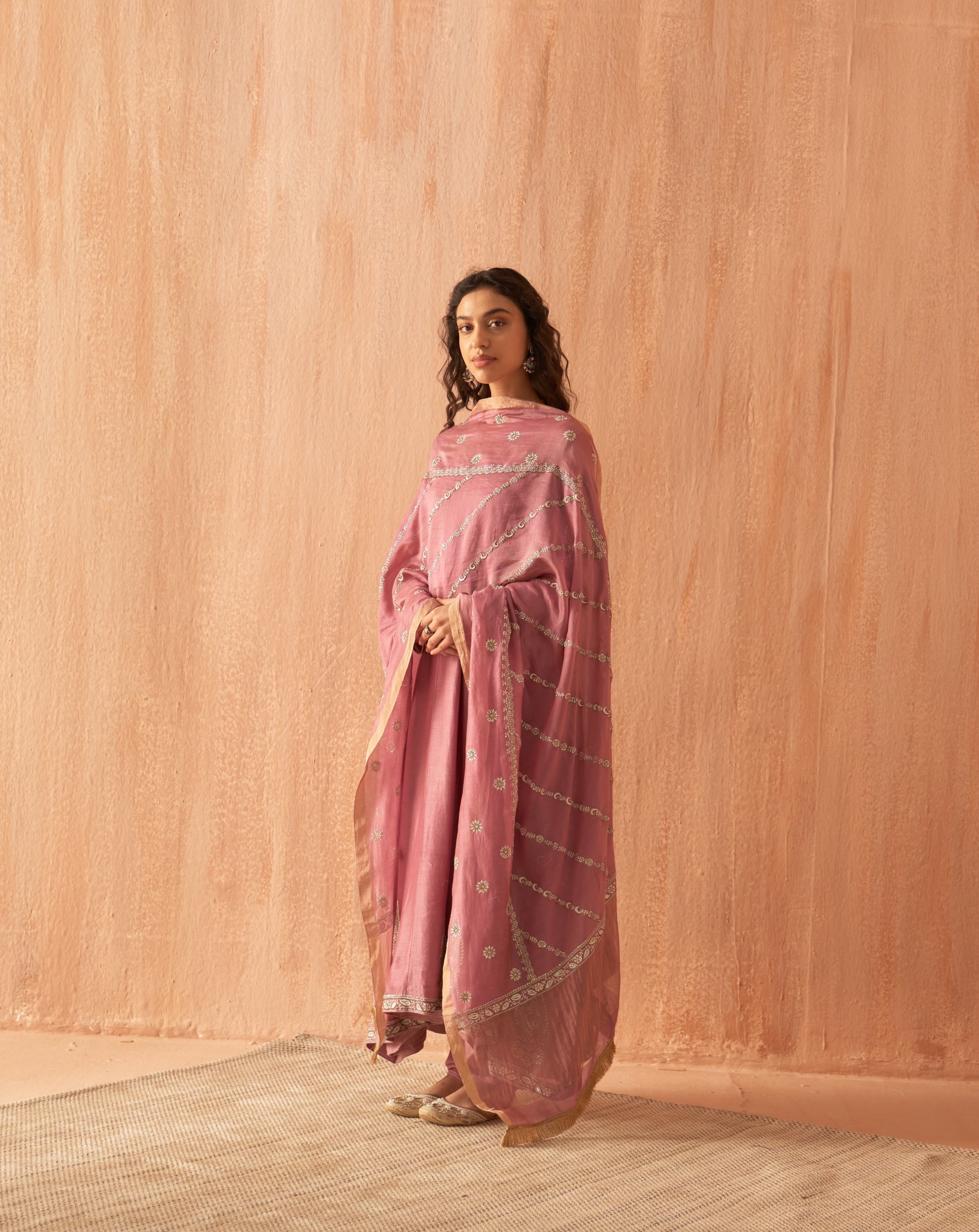 Onion Pink Chanderi chikankari anarkali set