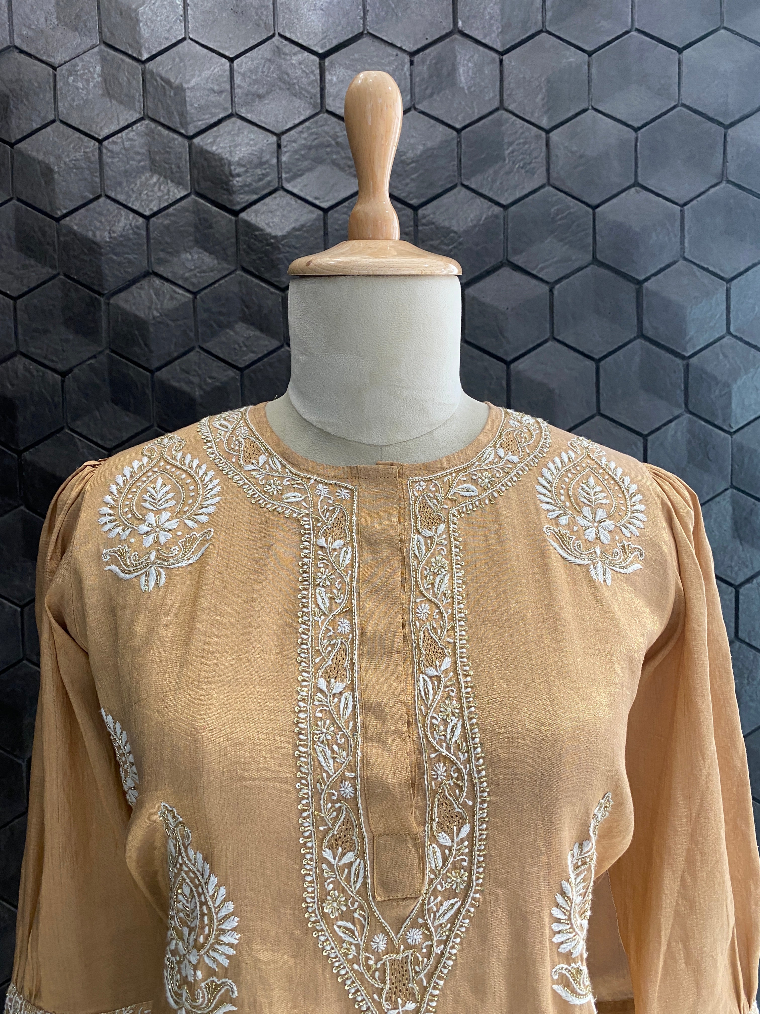 Peach tissue chikankari kurta set