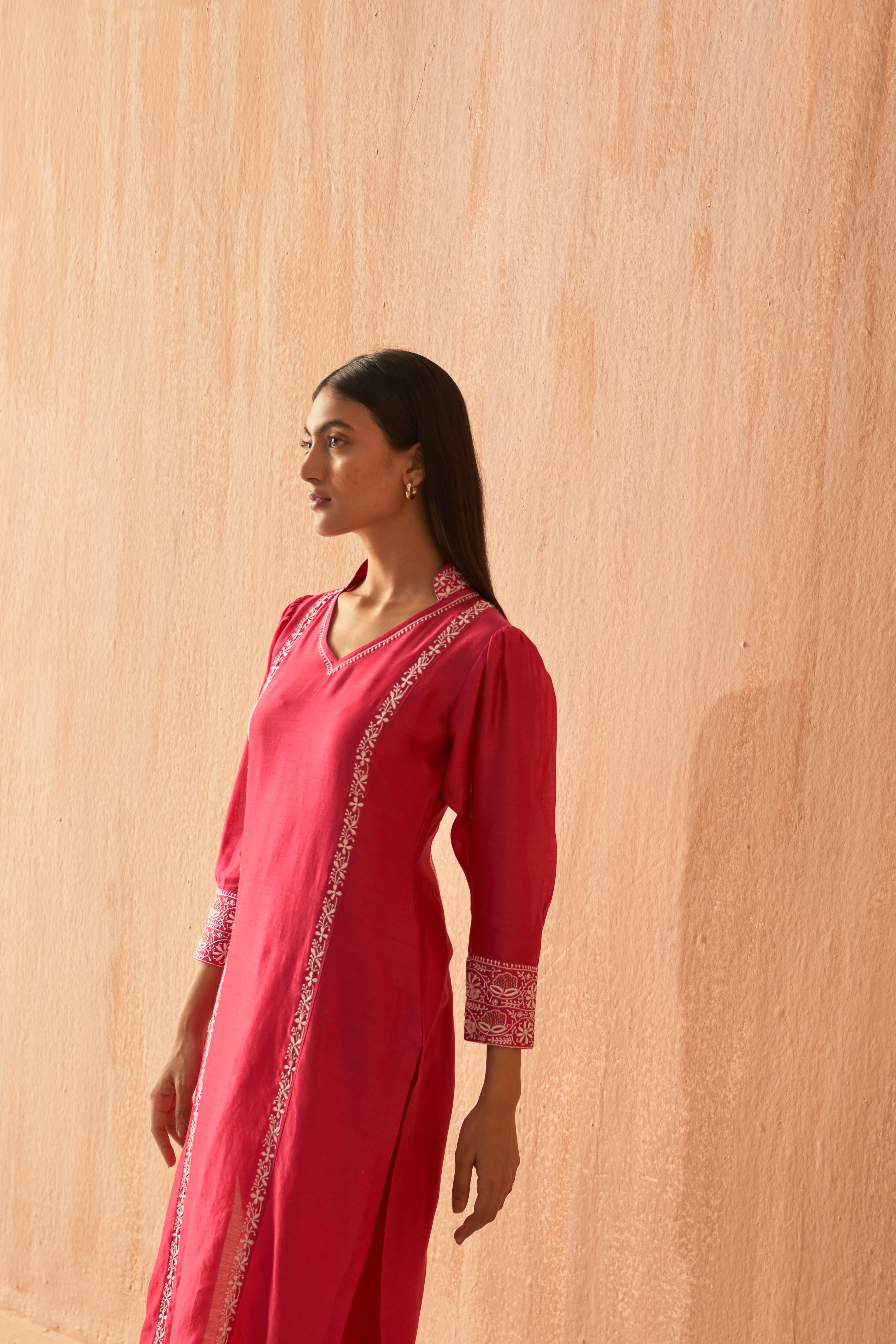 Fuschia chanderi chikankari Co-ord sets