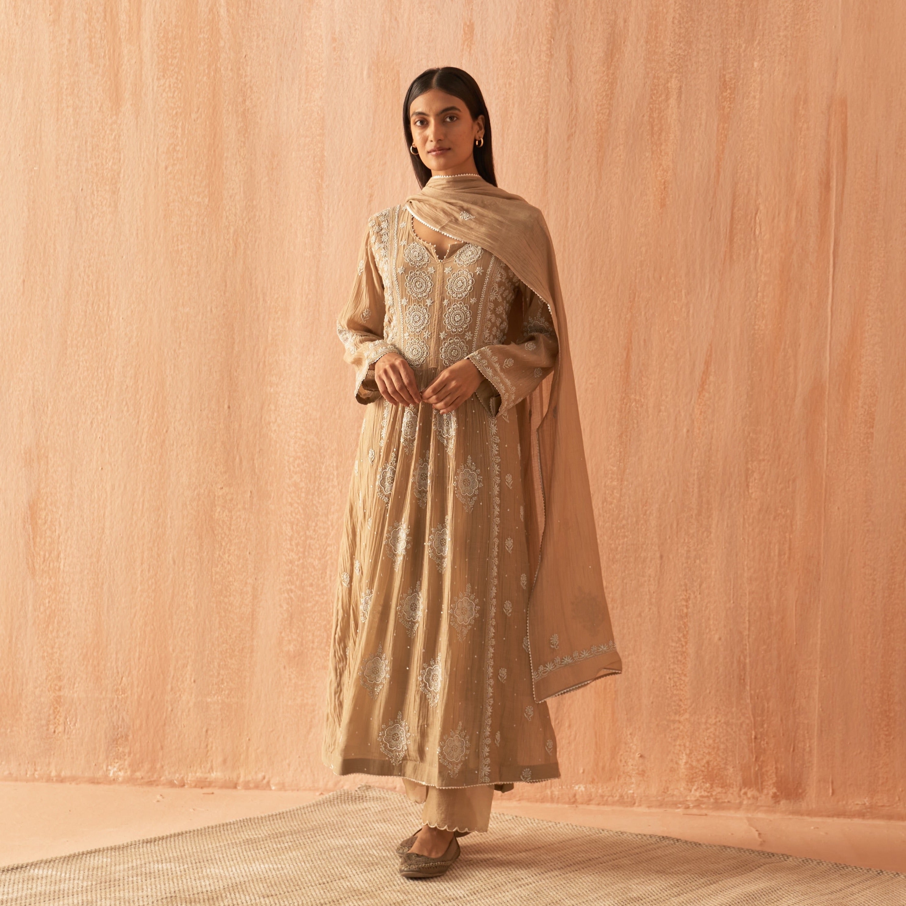 Brown Mul Chanderi Anarkali Set with Pearl and Chikankari Embroidery
