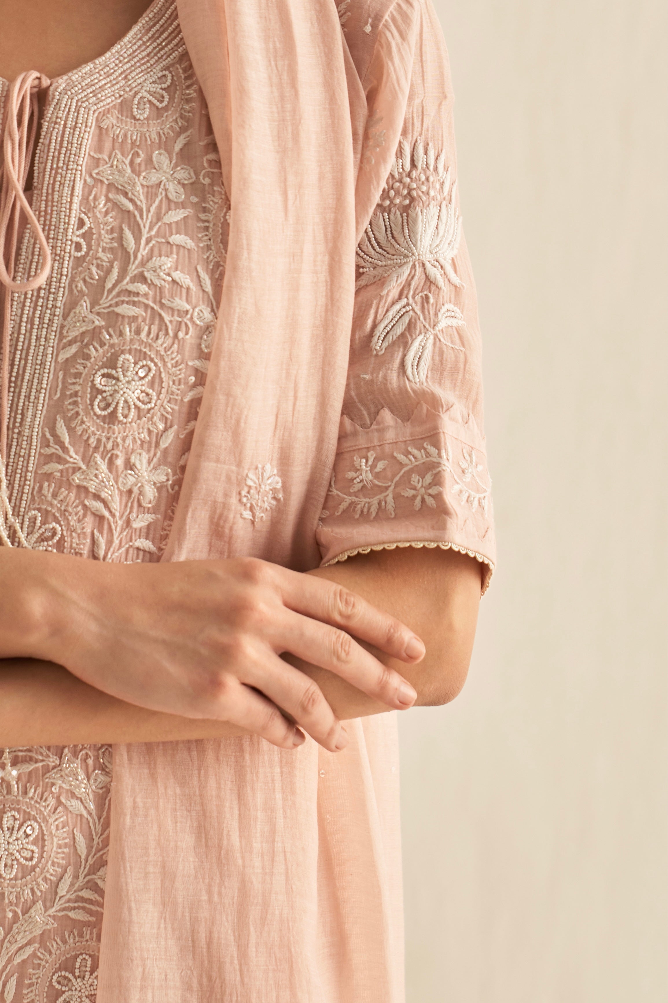 Peach chanderi chikankari kurta set