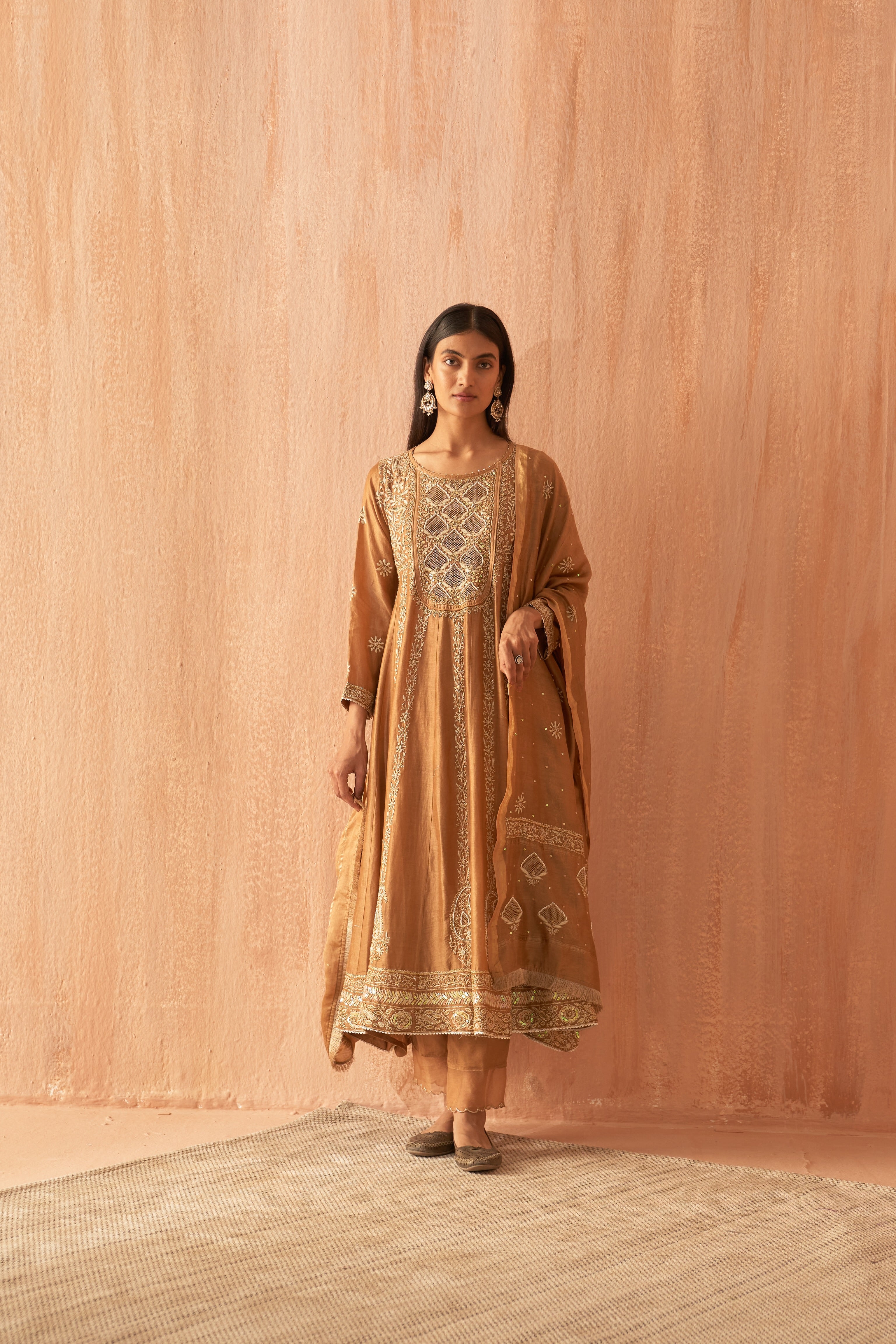 Brown chanderi chikankari with Zari work Anarkali set
