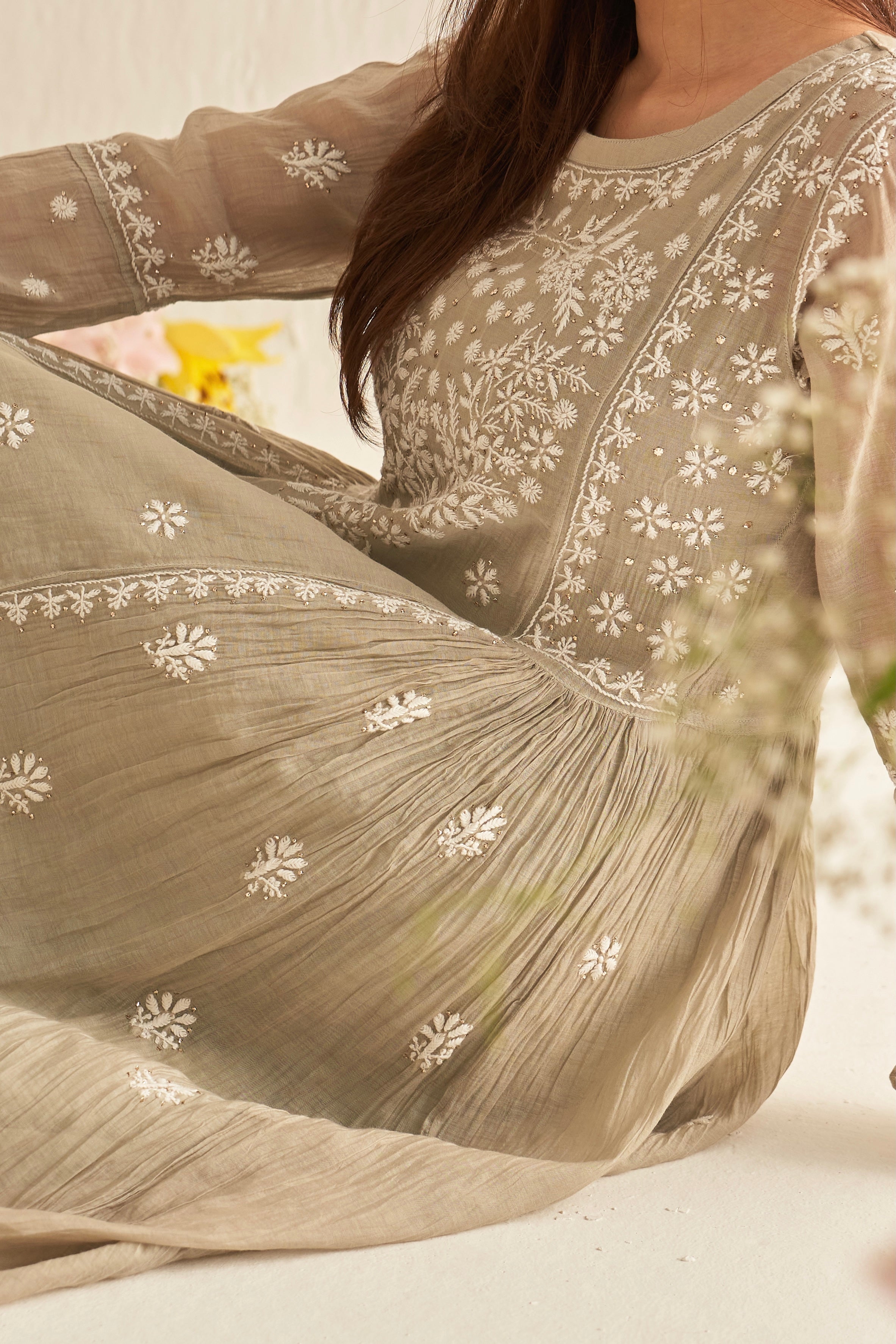 Olive green Chanderi chikankari tunic with mukaish work