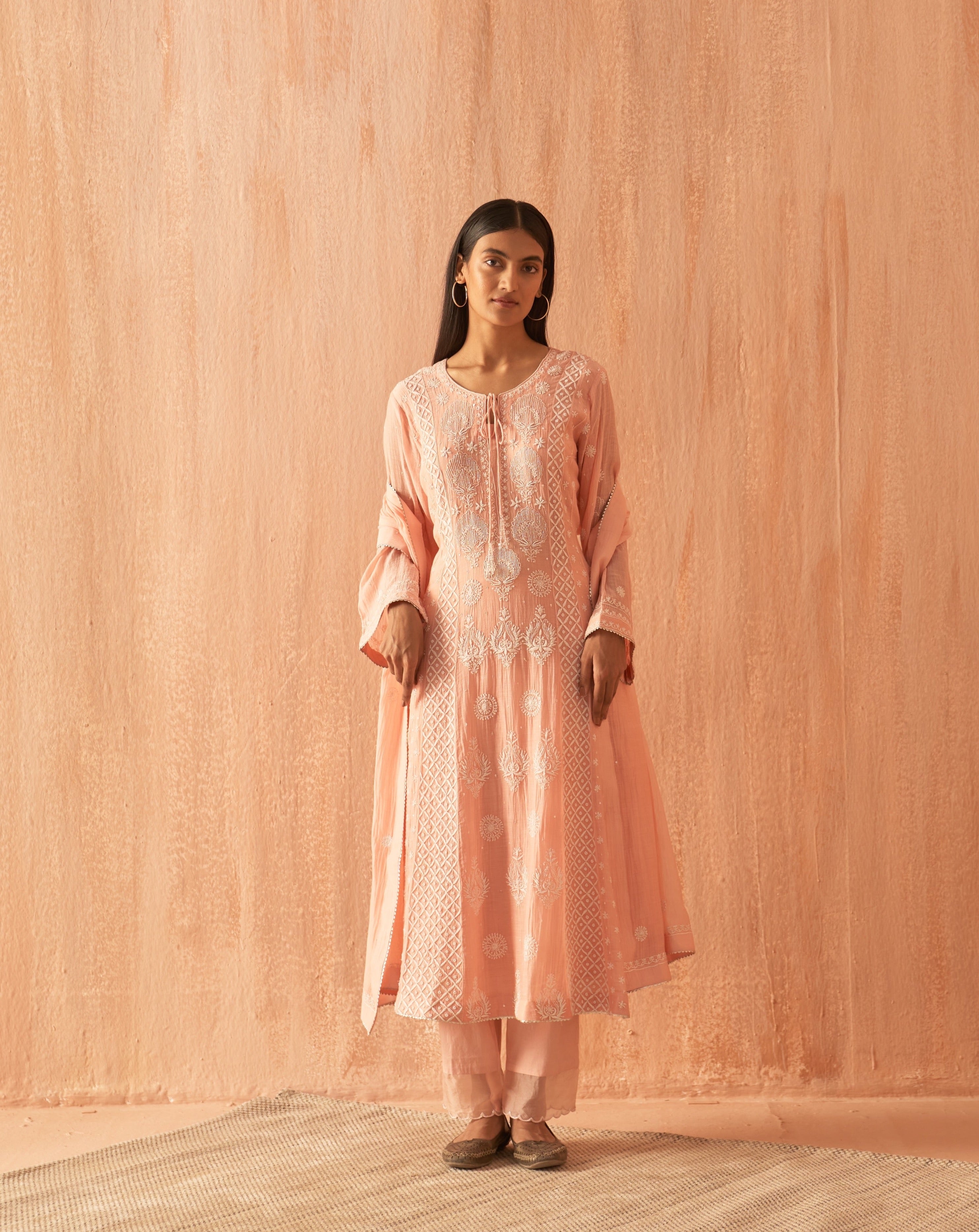 Peach soft Chanderi Heavy Chikankari Kurta Set