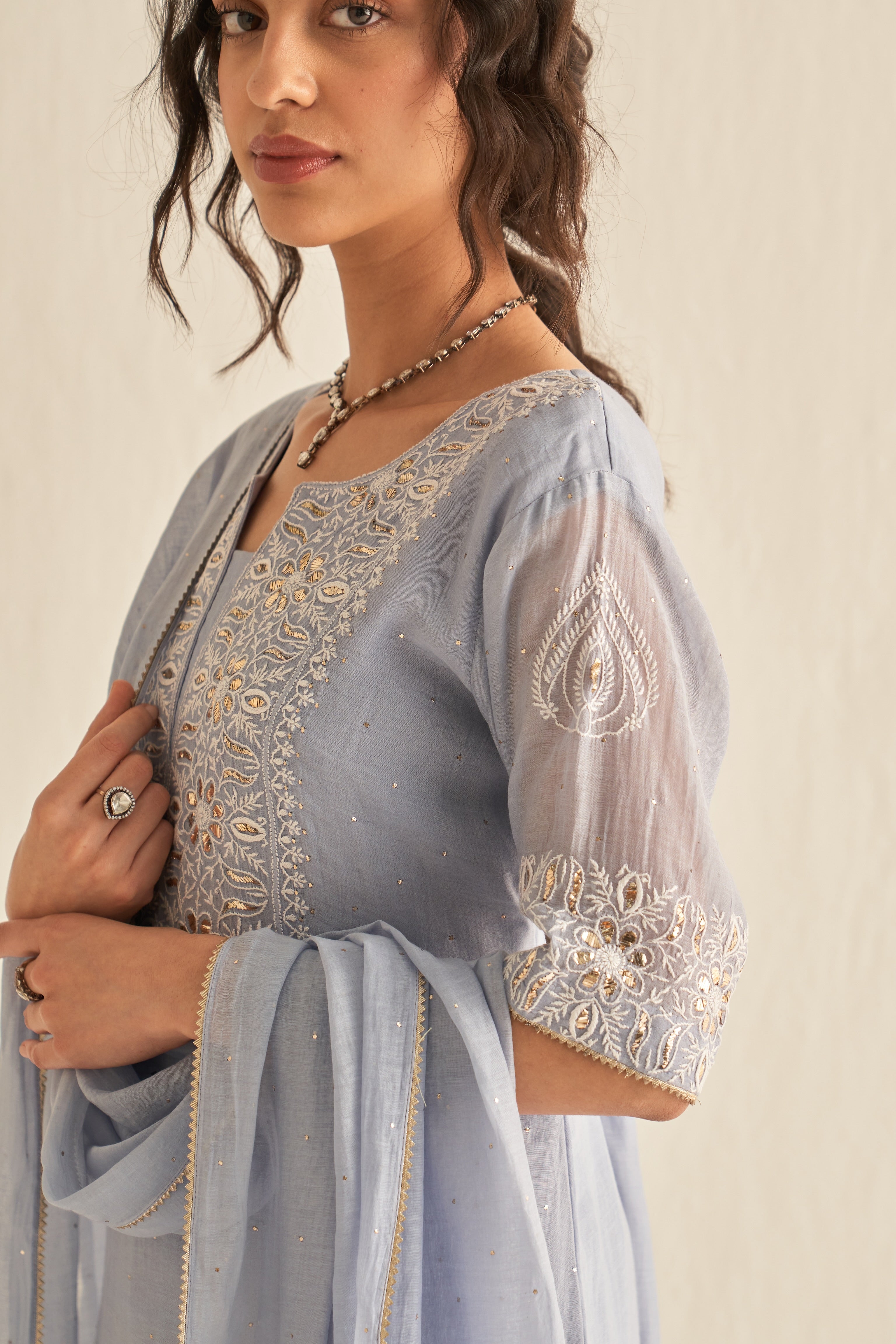 Ash blue mul chanderi mukaish and chikankari kurta set