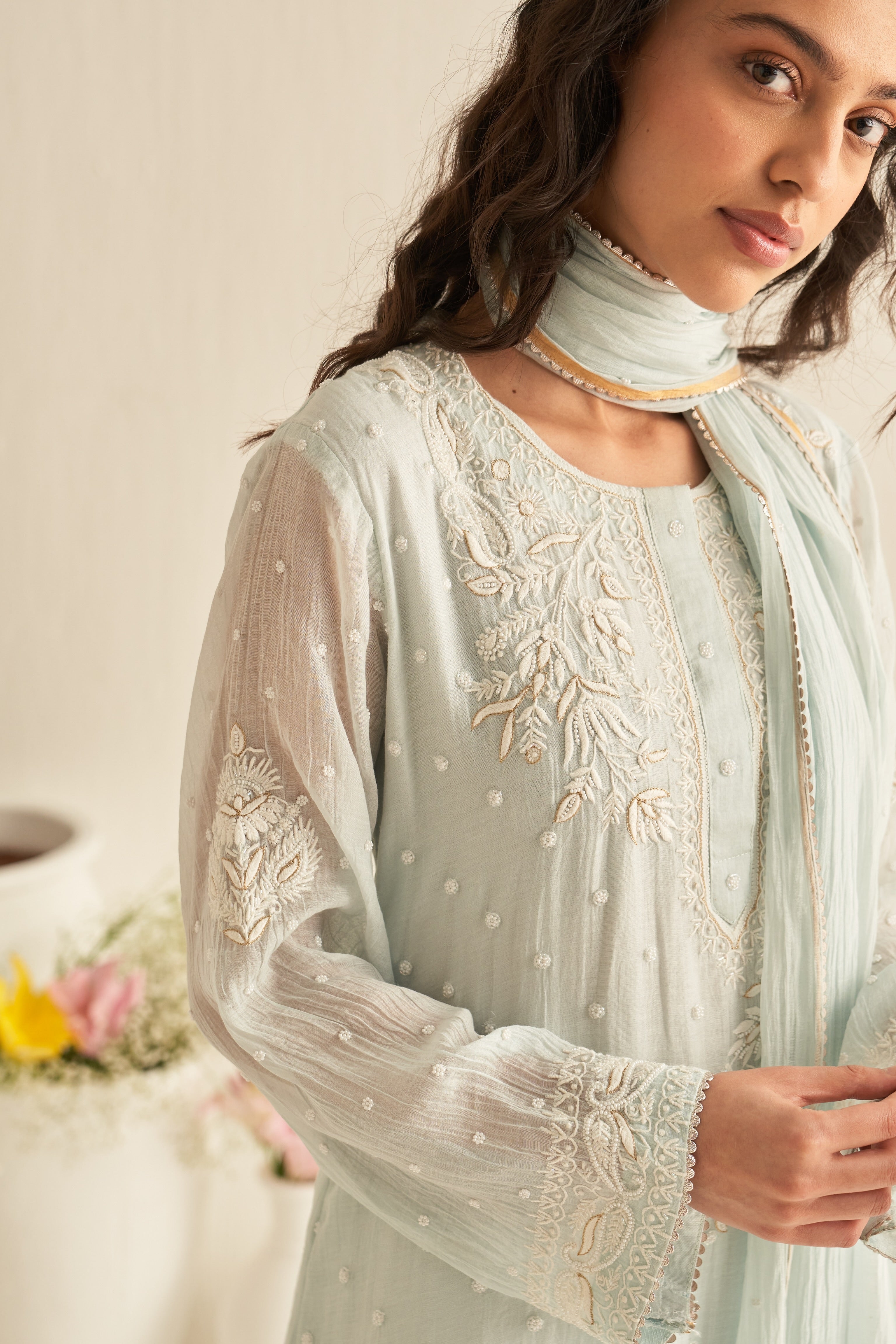 Mint Green Mul Chanderi straight kurta