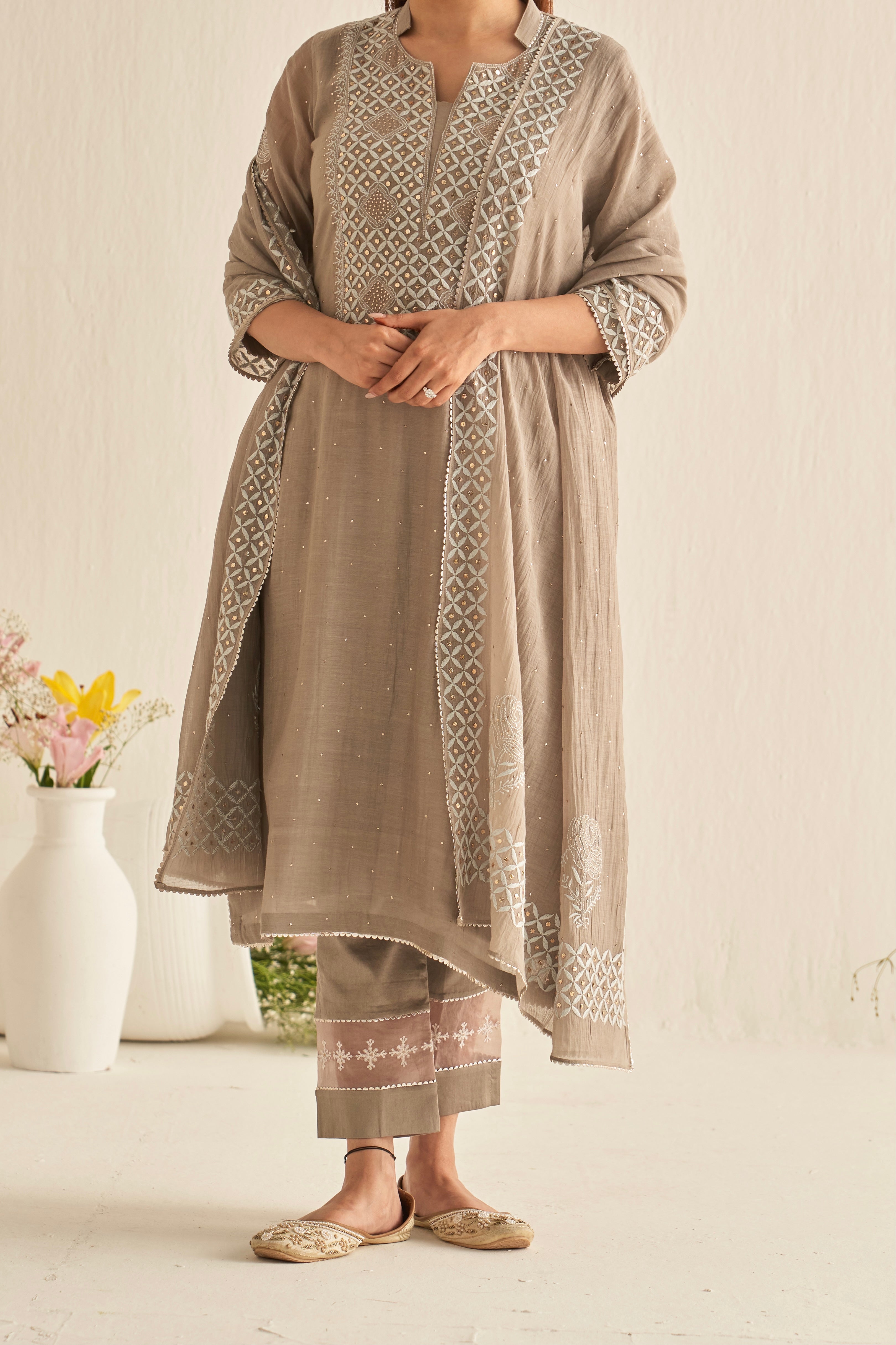 Grey mul chanderi straight kurta set