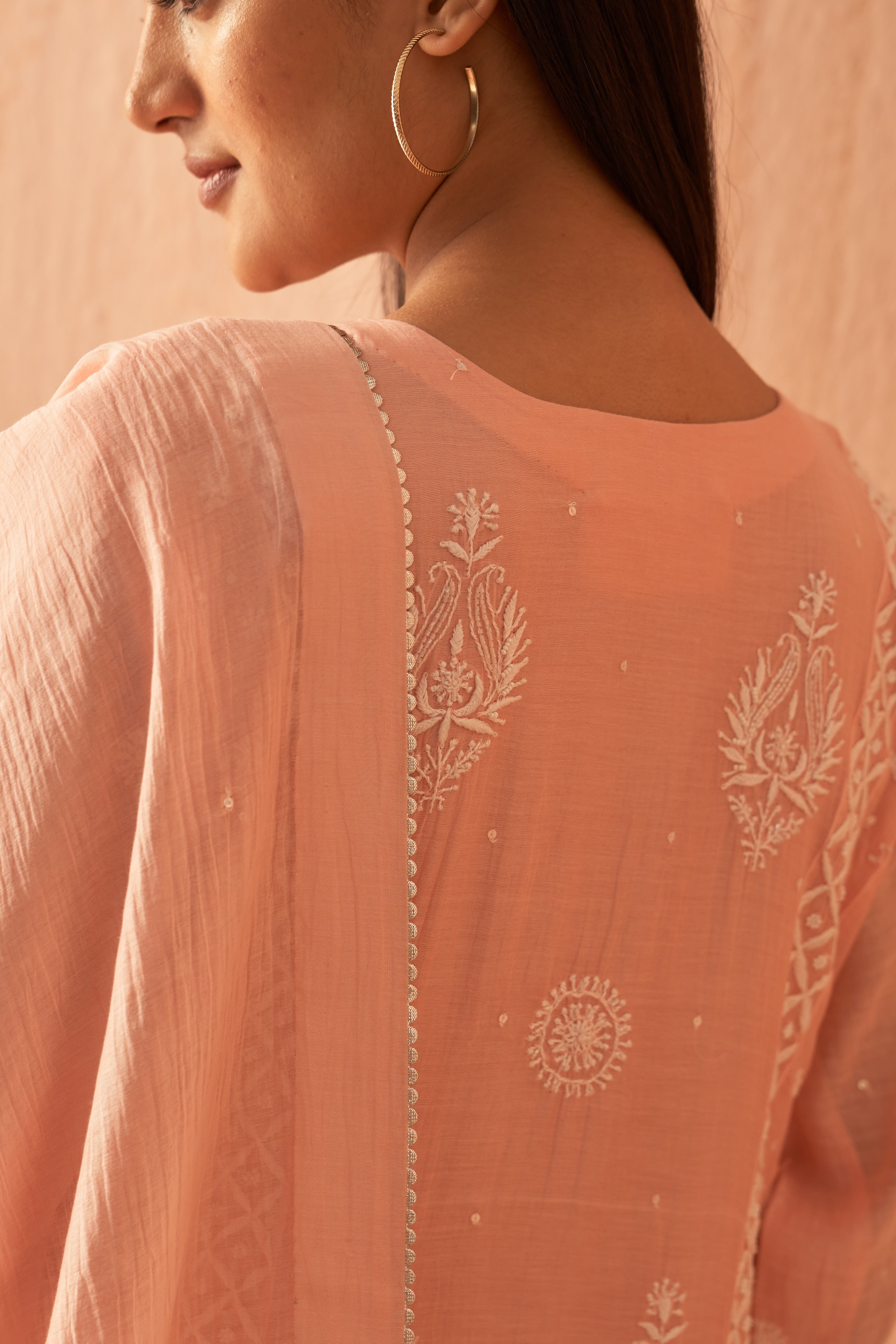 Peach soft Chanderi Heavy Chikankari Kurta Set