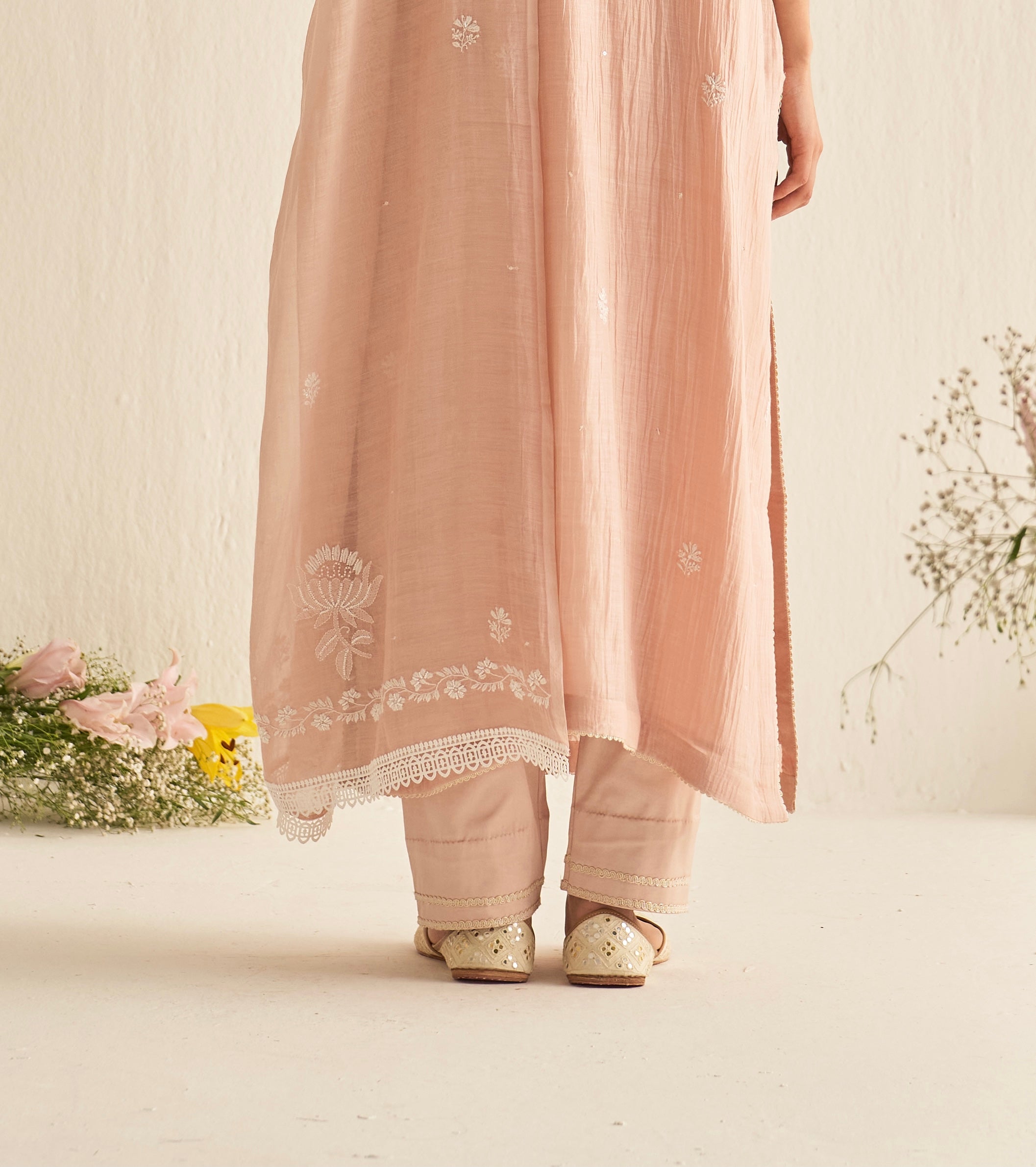 Peach chanderi chikankari kurta set