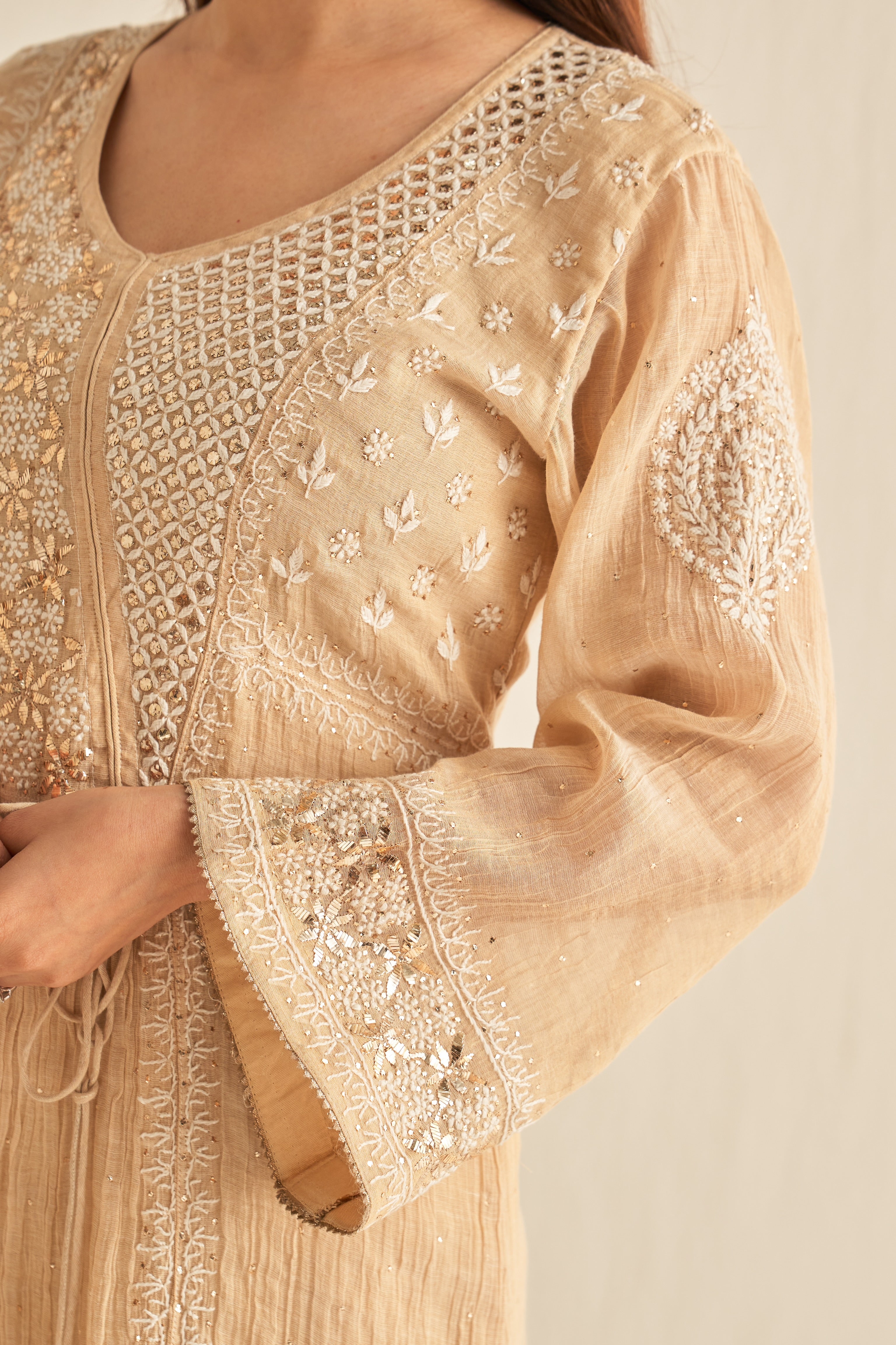 Natural gold chikankari and mukaish tunic dress