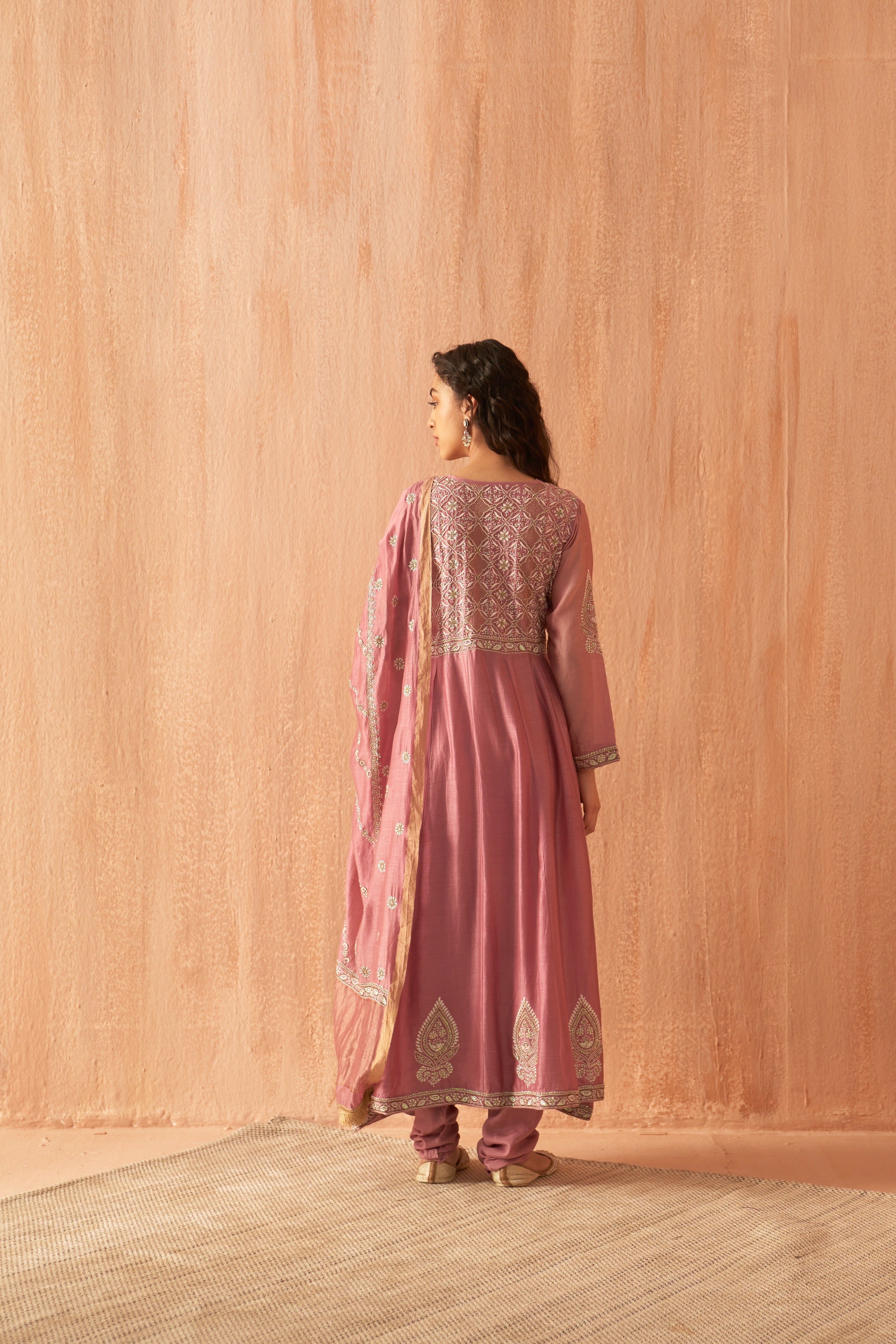 Onion Pink Chanderi chikankari anarkali set