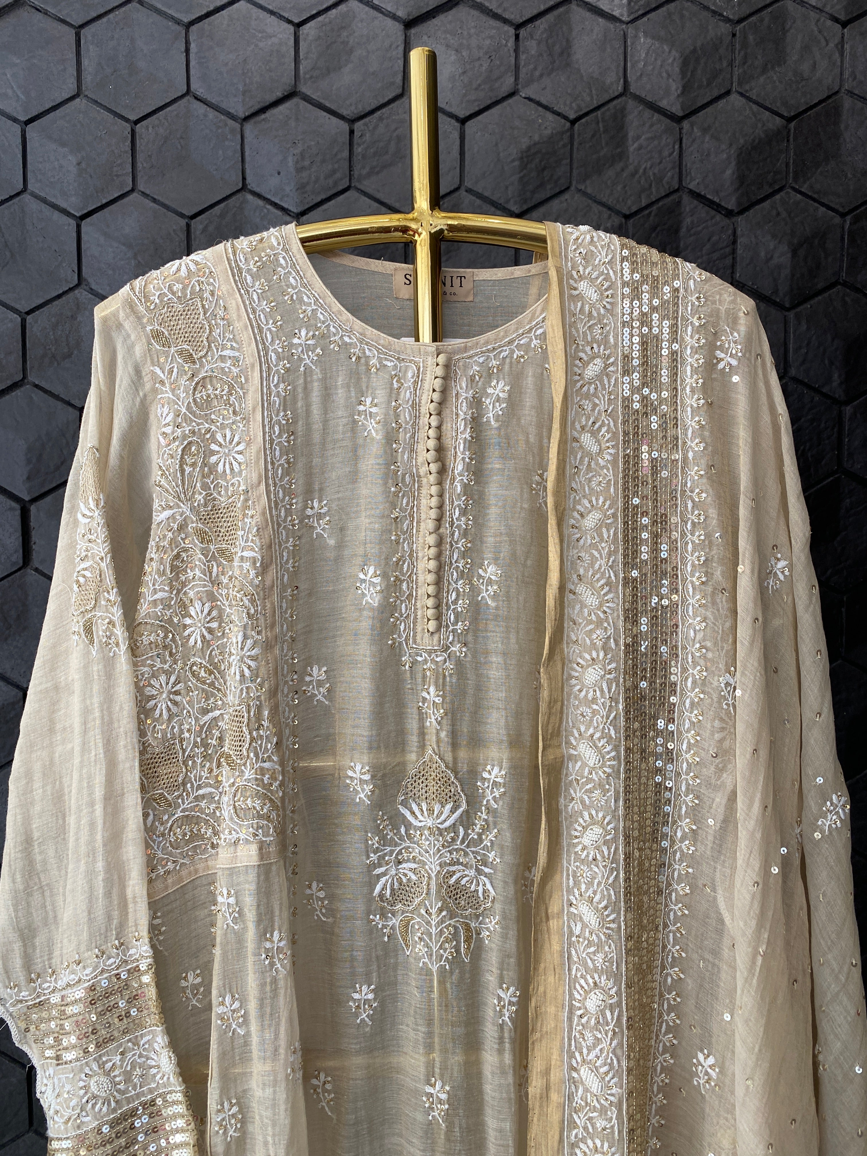 Bhumi Pednekar in our gold tissue a-line kurta with signature sequins dupatta
