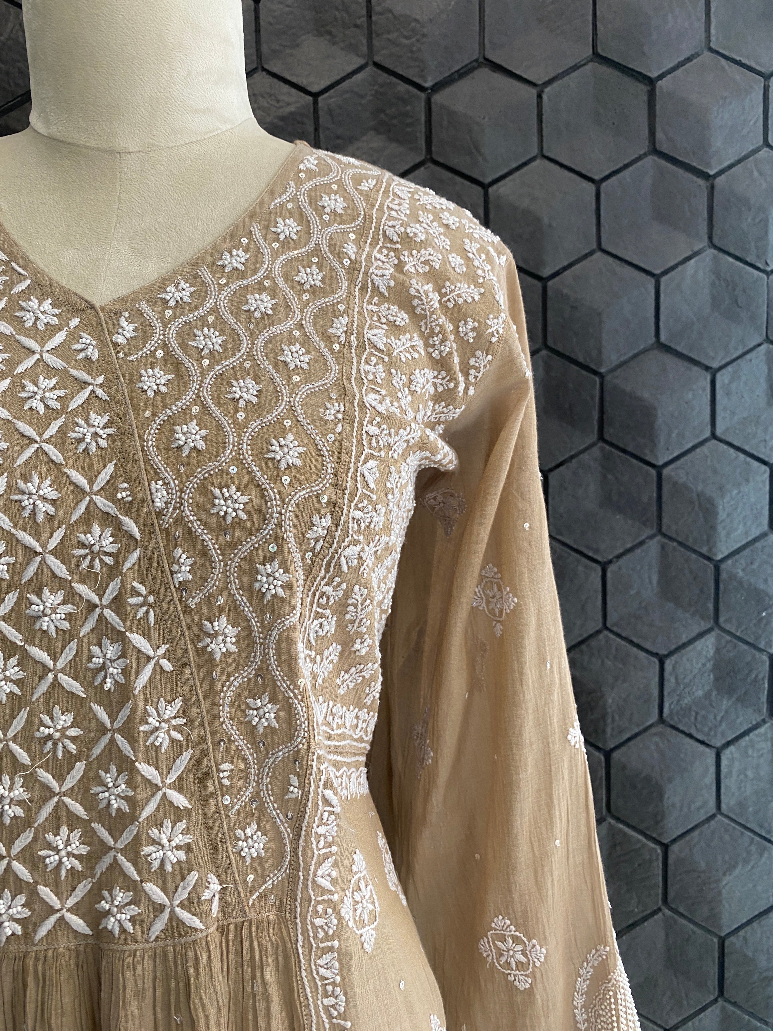 Brown Tissue Chikankari Kurta Set