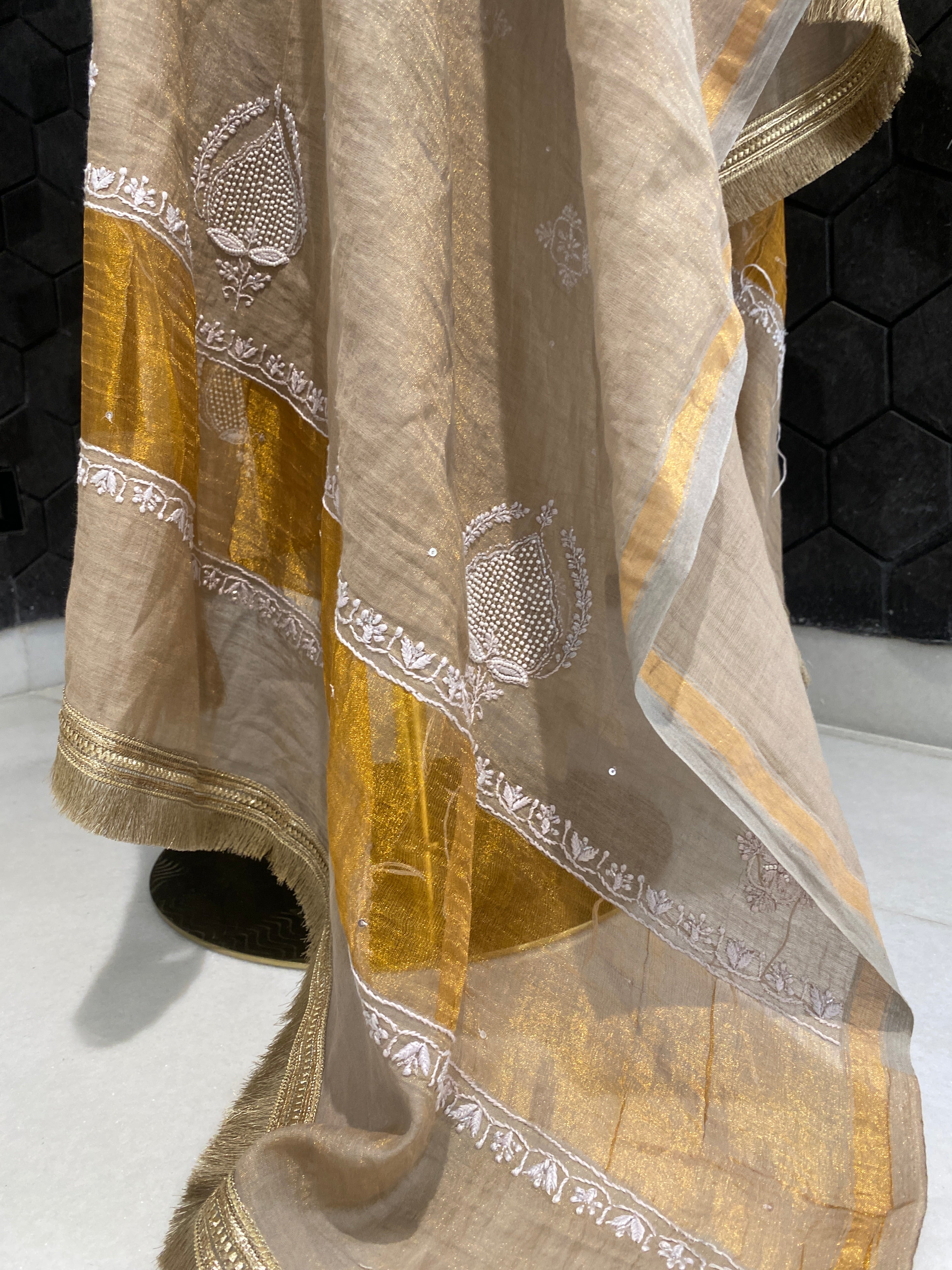 Brown Tissue Chikankari Kurta Set