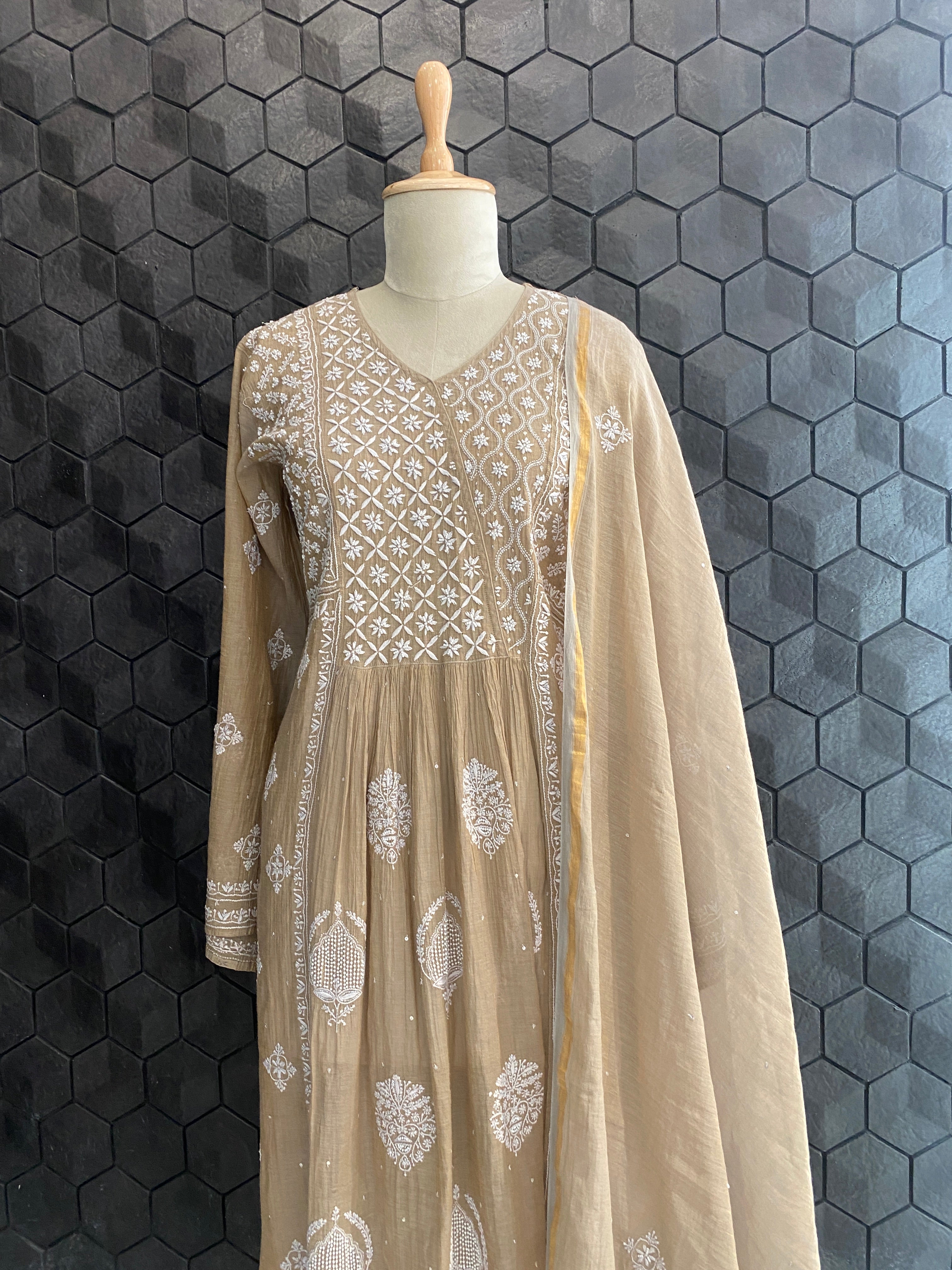 Brown Tissue Chikankari Kurta Set