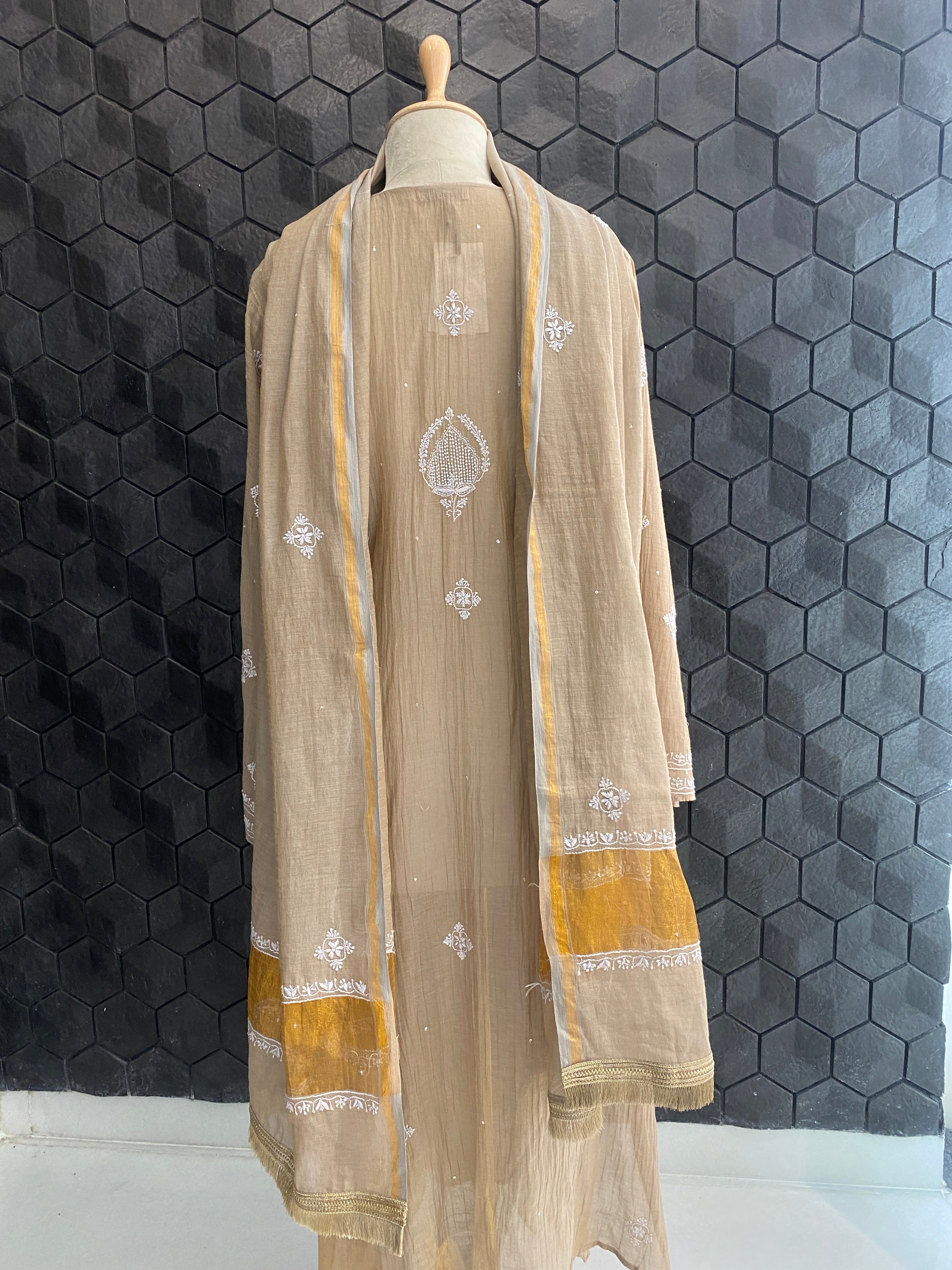 Brown Tissue Chikankari Kurta Set