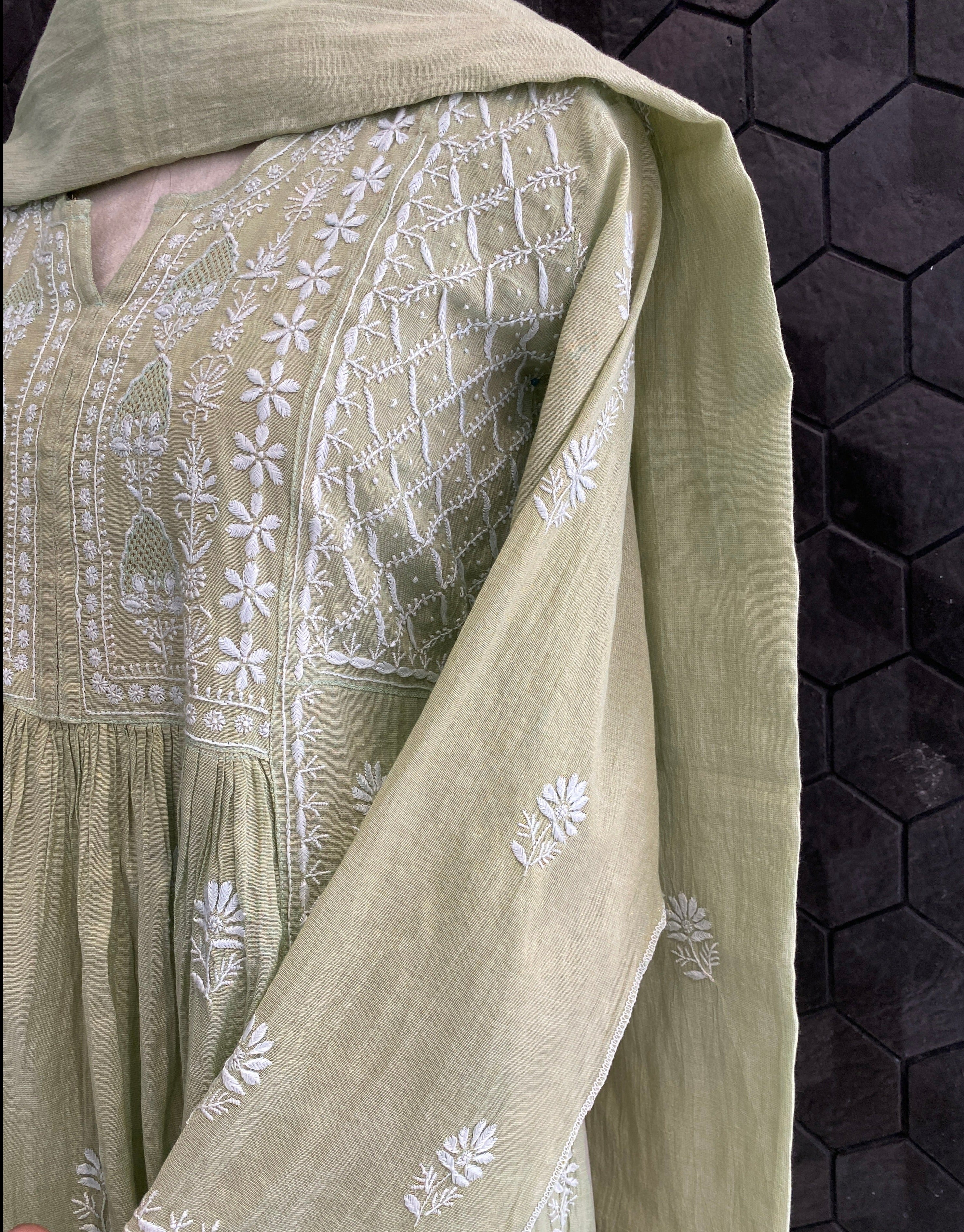 Green Tissue Chikankari Kurta Set