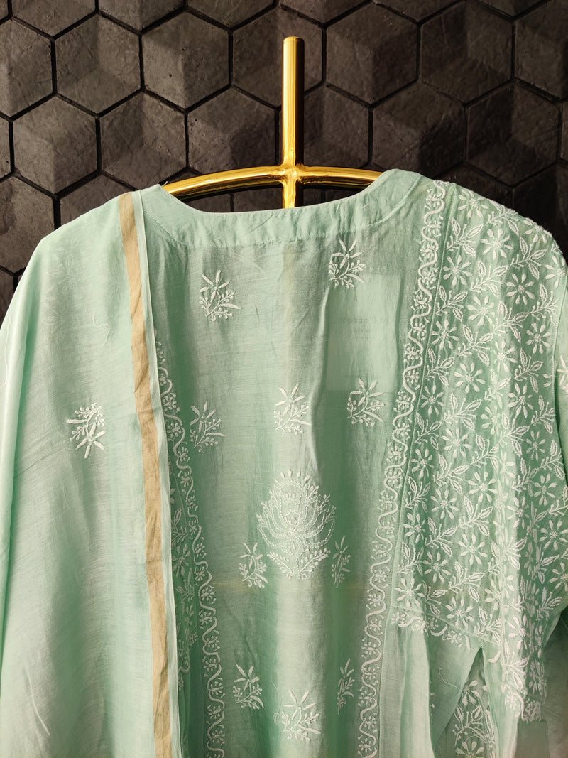 Ombre Green Chanderi Suit Set with Chikankari work and Dupatta