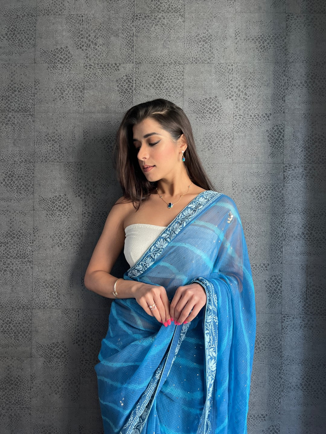 Sukhmani Gambhir in our Blue Chikankari leheriya saree