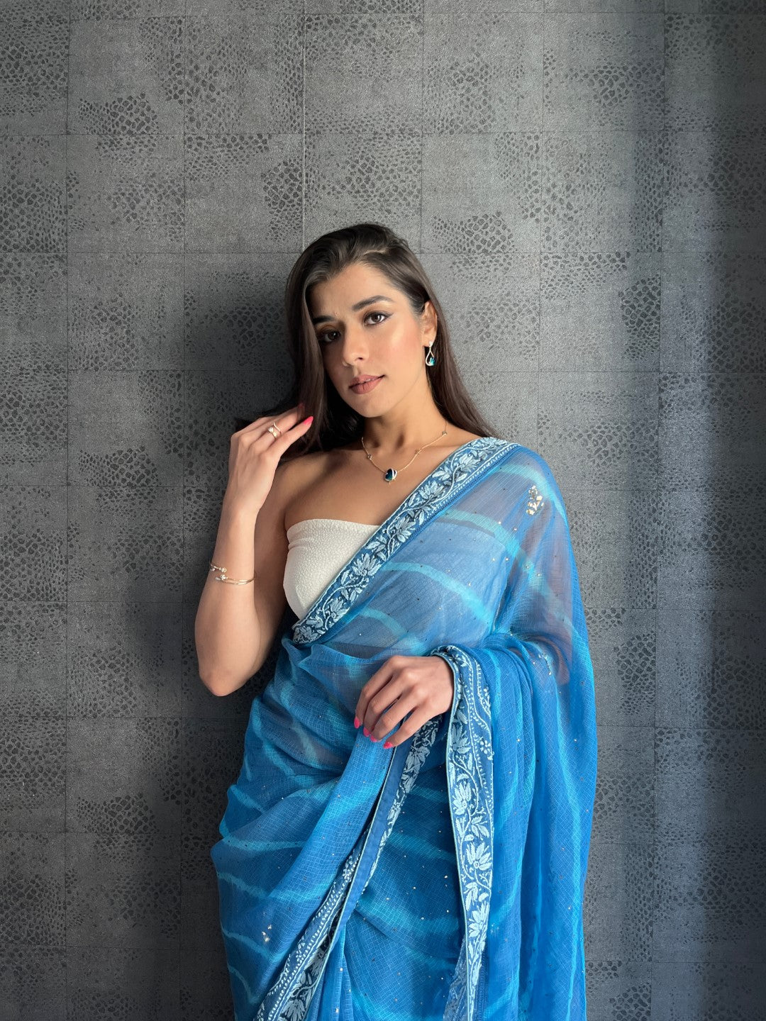 Sukhmani Gambhir in our Blue Chikankari leheriya saree